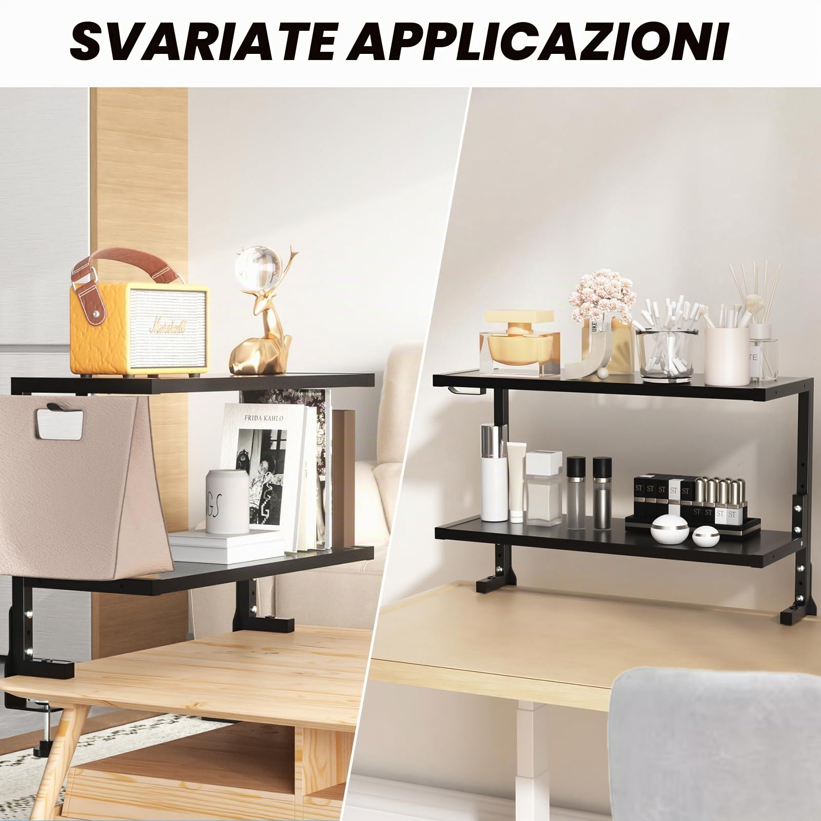 PUTORSEN 24 Pollici Morsetto su Scaffale da Scrivania, Scaffale a 2 Livelli Sopra o Sotto la Scrivania, Organizzatore da Personalizzabile per gli Accessori, Nero