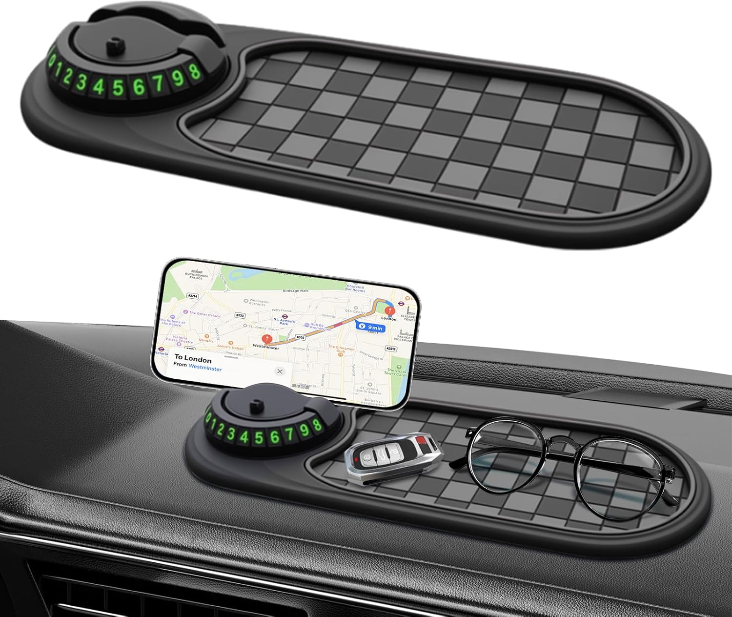 Lalalancer-Multifunction Car Anti-Slip Mat, Rotatable Anti Skid Car Dashboard Pad with Temporary Parking Numbe, Universal Car Phone Holder, and Large Pad for Phones Sunglasses Keys Gadgets(Grey)