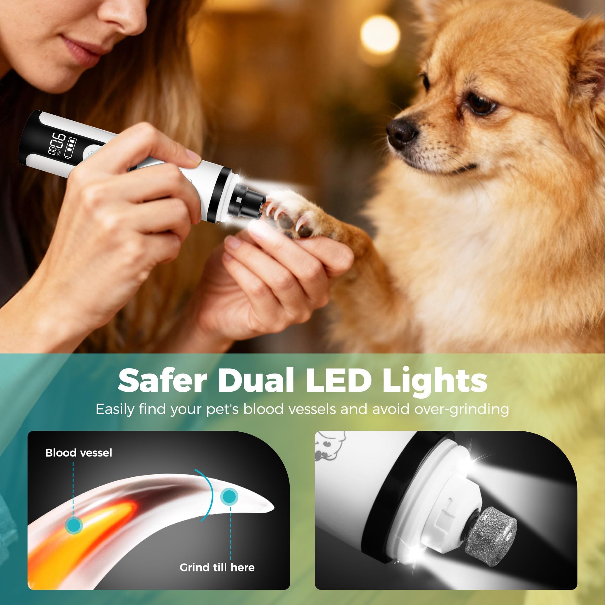 Molinillo de uñas silencioso mejorado, molinillo de uñas inalámbrico profesional con 3 velocidades ajustables y luz LED, aseo de patas sin dolor para perros y gatos pequeños, medianos y grandes (2