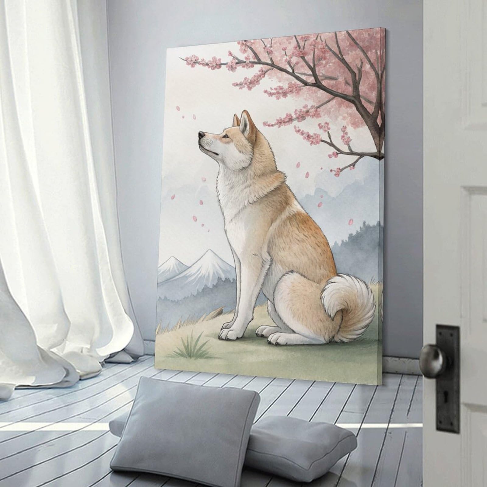 Junmoney Akita Dog Under Cherry Blossoms Decorative Canvas Print, 24x36inch(60x90cm), for Hallway, Bedroom Or Modern Interiors, Gift Idea for Housewarming And Birthdays