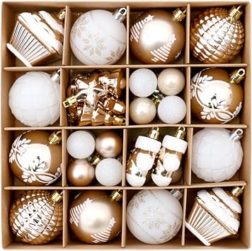 42pcs Christmas Tree Decorations Ornament Set, Champagne Gold White Shatterproof Plastic Baubles Hanging Ornaments Xmas Tree Ball for Christmas Holiday Party Home Decoration
