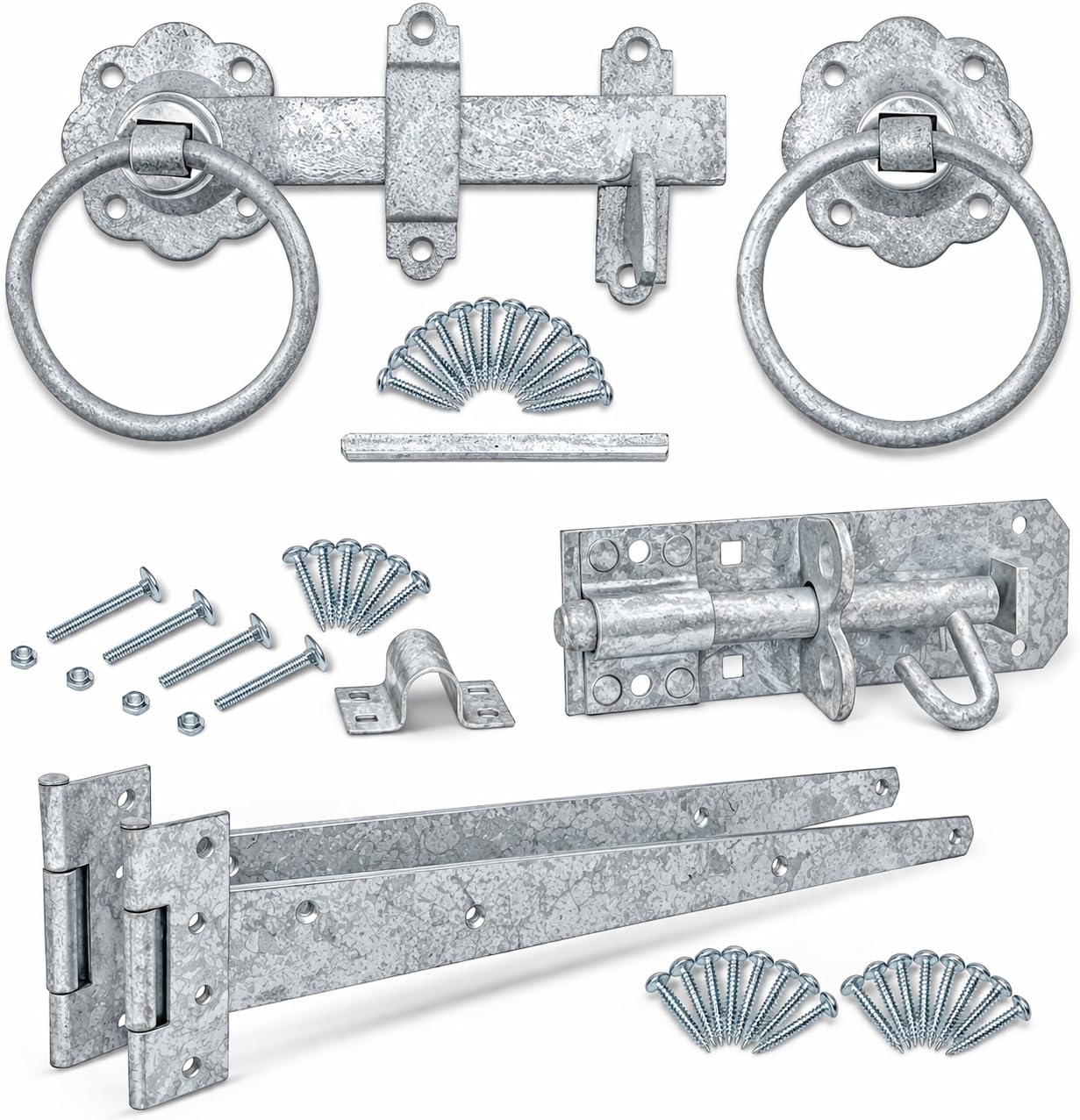 ZAVIA Complete Garden Gate Kit Hot Dip Galvanised Heavy Duty 18" T Hinges + 6" Brenton Bolt + Ring Gate Latch (All Fixings Included)