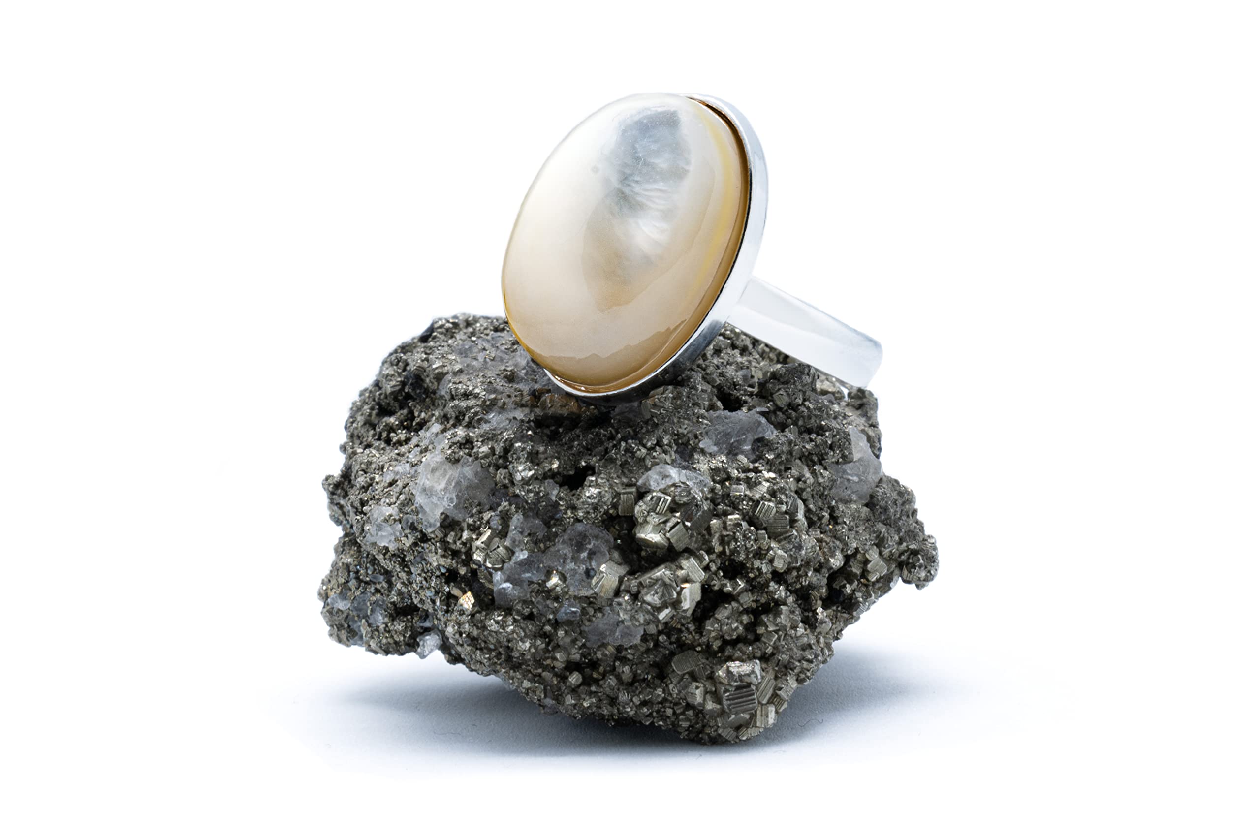 Anillo de Plata 925 con Nácar - Madreperla (Piedra Natural) 18x13mm - Disponible Anillo Ajustable y Fijo, Tamaño de XS a XXXL, para Hombre, para Mujer - Caja Regalo Gratis