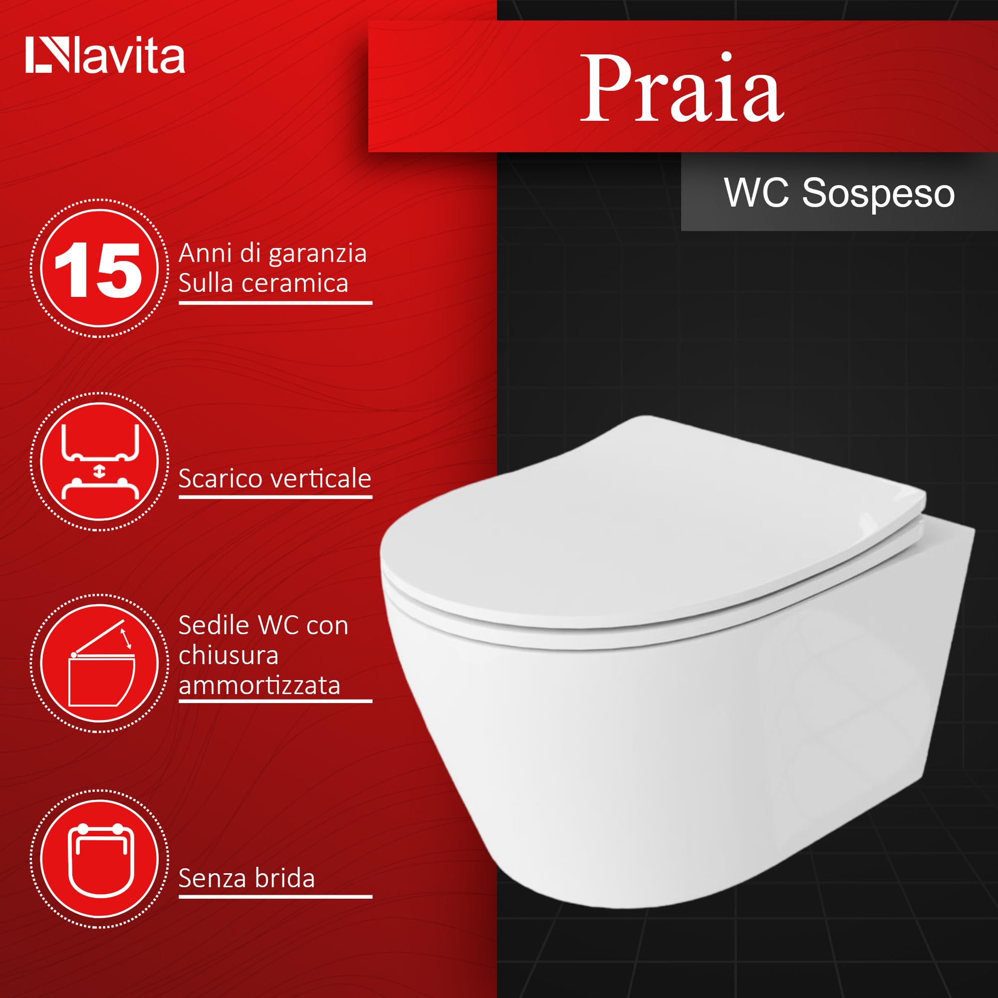 LAVITA Praia - WC sospeso, copriwater con abbassamento automatico e cerniere in metallo, senza bordo, 360 x 480 x 375 mm, bianco lucido
