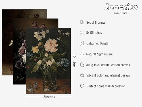 Miniatura 2 de Joocrise Moody - Juego de 6 pinturas artísticas florales para pared, diseño de academia oscura, lienzo botánico vintage, arte de pared con flores