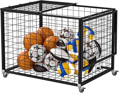 Sports Ball Storage Cart, Lockable Ball Cart with Double Lid,Ball Rack with Wheels,Rolling Sports Ball Storage Cart is Suitable for Gyms, Schools, Clubs, Indoor and Outdoor Basketball Storage