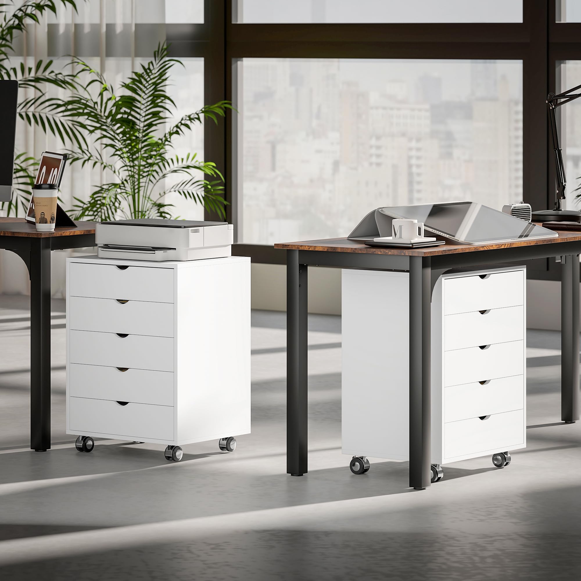 HOMCOM Schedario da Ufficio Cassettiera, 5 Cassetti, 50x40x67.5 cm, Bianco | Ruote, Blocco, Cassettiera Ufficio, per Documenti A3/Lettera/Formato A4, Armadietto Verticale Salvaspazio, per Studio