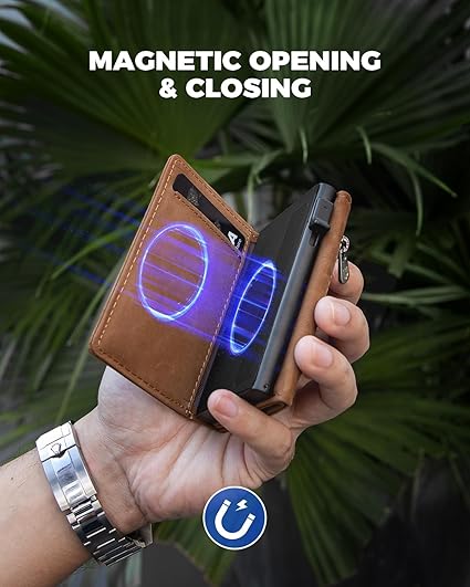 MYSHION Kaarthouder, minimalistische slanke portemonnee voor mannen met geldclip en RFID-blokkering, EDC-reisportemonnee, pop-up kaarthouder, tweevoudige kaartenportemonnee, magnetische