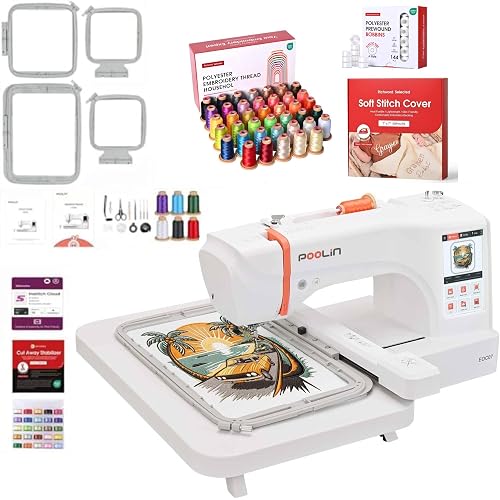 Poolin EOC07 Embroidery Machine Bundle – 80 Colors Thread Set + 144pcs Prewound Bobbins + Soft Stitch Cover, Large Area Kit for Creative & Comfortable Embroidery
