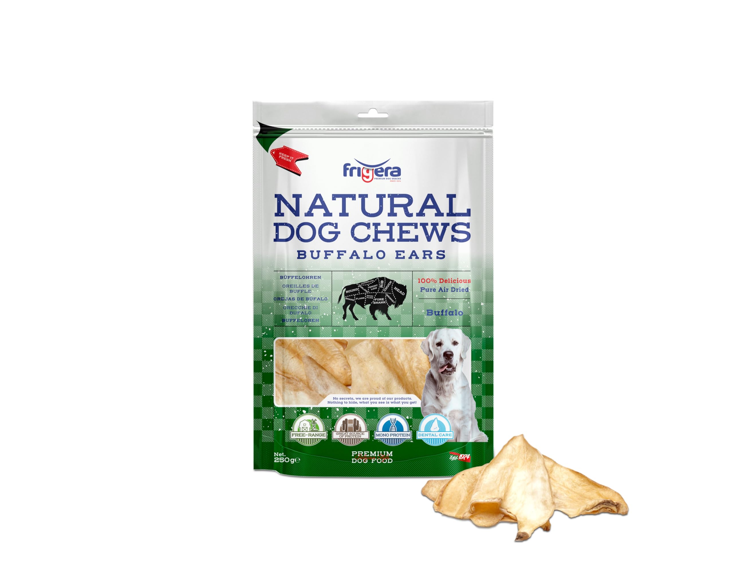 Frigera Buffalo ears 250g – Natural dog snacks, Protein-rich, Gluten- and Grainfree, No additives