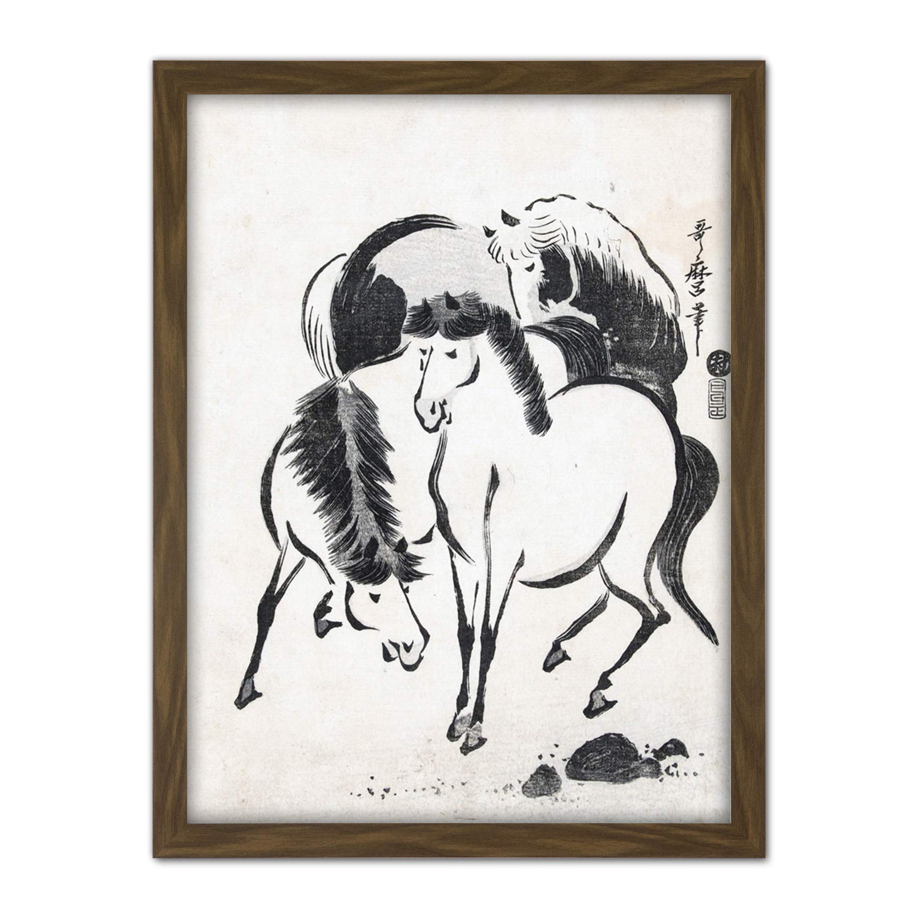 Artery8 Kitagawa Utamaro Three Horses Japanese Drawing Artwork Framed Wall Art Print 18X24 Inch