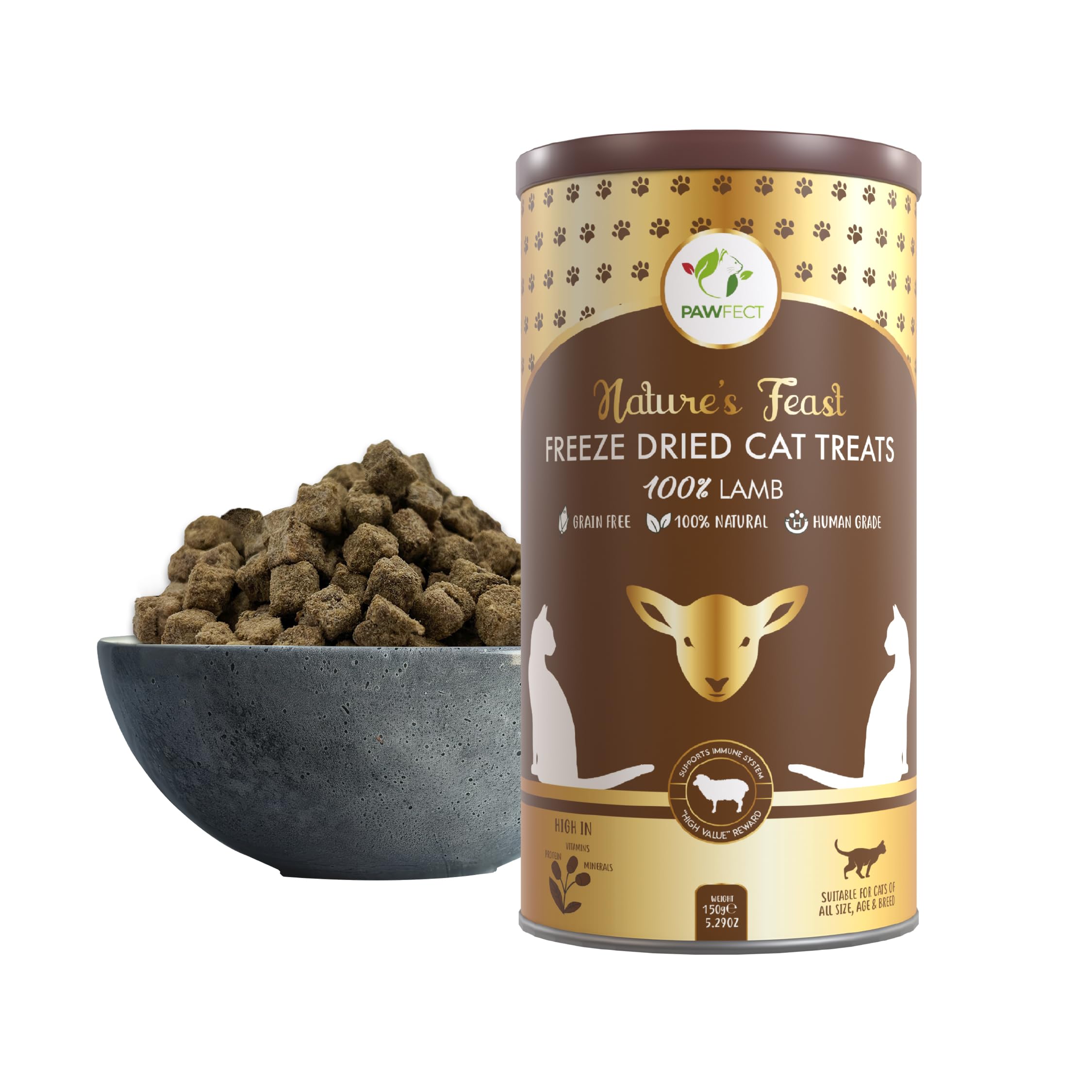 Pawfect Nature's Feast Freeze-Dried Lamb Meat Treats for Cats- 100% Natural- Hypoallergenic- Easily Digestible- Grain-Free- Training Treat- High Protein- Low Fat- Single Ingredient treats(150g/5.29oz)