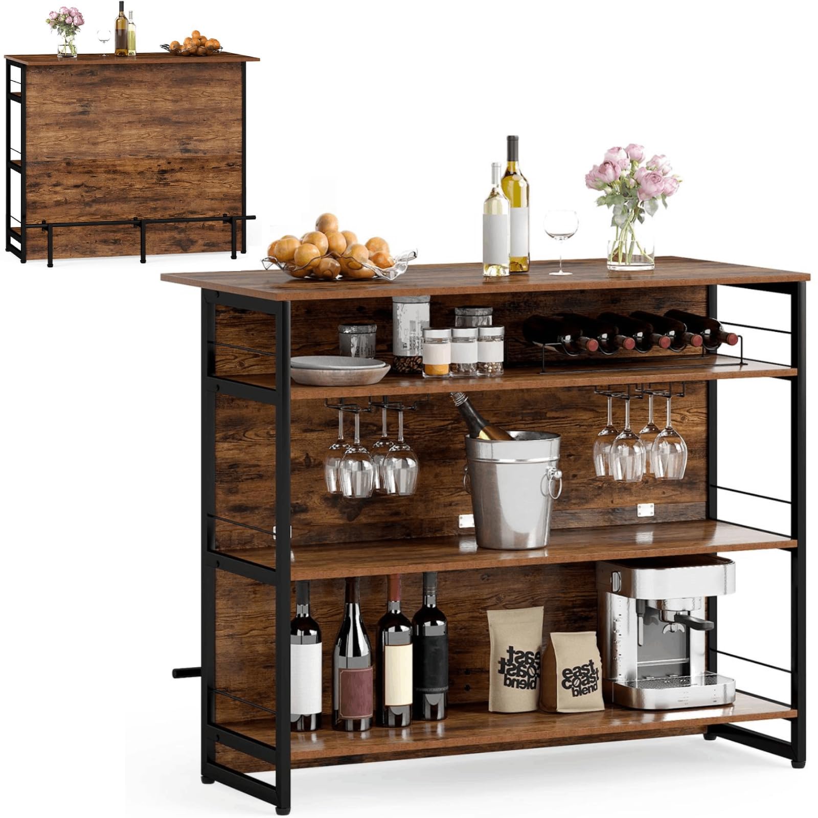 TANGZON 2 in 1 Kitchen Island, Industrial 4-Tier Bar Table with Storage Shelves, Wine Rack, Glass Holders & Footrests, Metal Frame Counter Home Bar Unit Wine Cabinet (Rustic Brown)