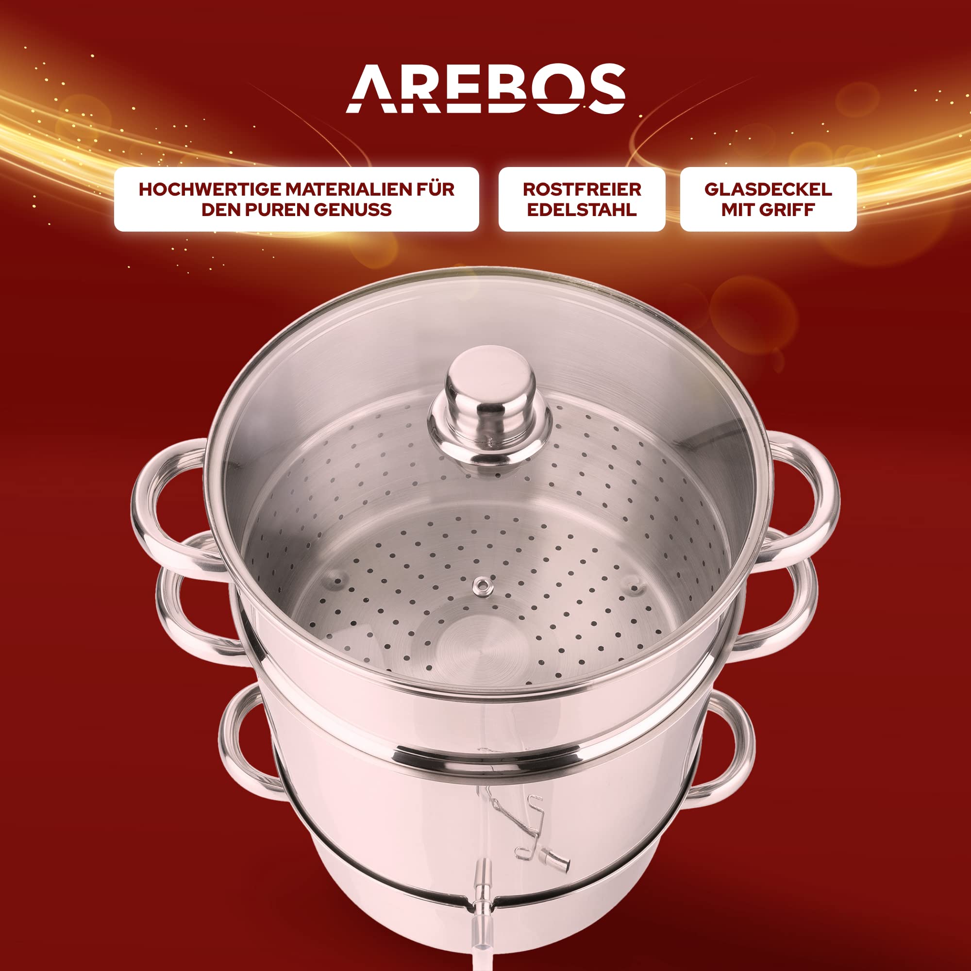 Arebos Dampfentsafter | 15 L | Edelstahl | für alle Herdarten geeignet auch Induktion| Ø 26cm | spülmaschinengeeignet | Induktionsdampfentsafter