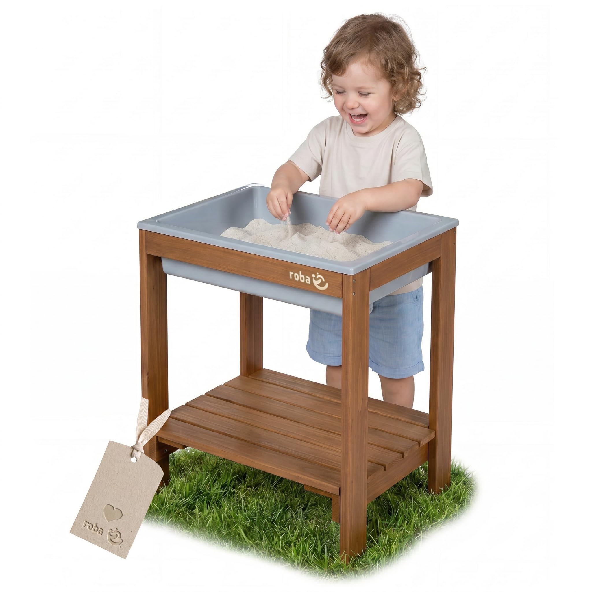 roba table de jeu d’extérieur « Tiny » avec bac de jeu – table à sable et à boue résistante aux intempéries en bois massif – mobilier de jardin pour enfants – à partir de 18 mois – couleur teck