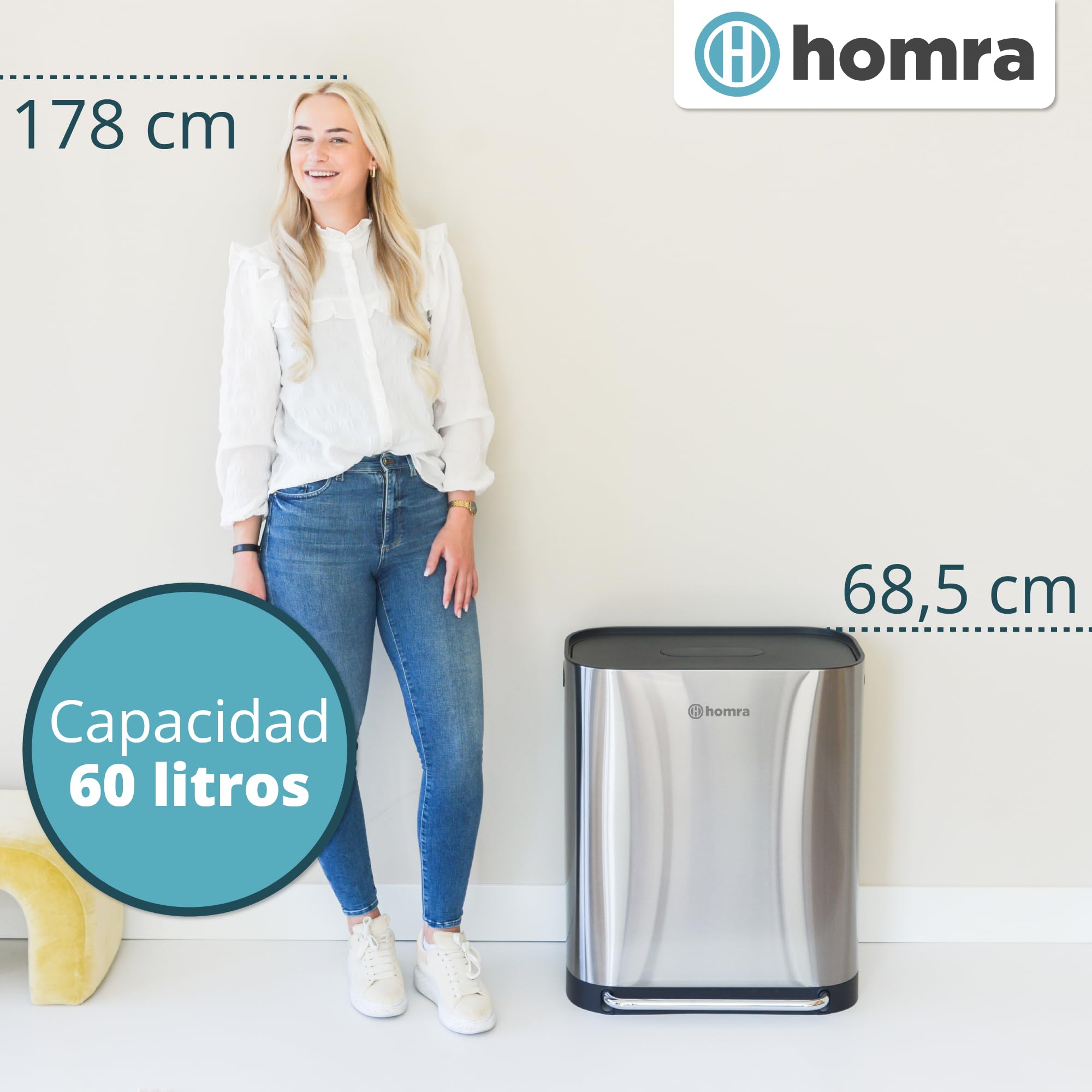 Homra Cubo Basura 60l Rockx | Cubo de Basura de Reciclaje 2x30l | Papelera Cocina | Cubo basura Pedal | Filtro Antiolores | Sistema de separación de residuos con 2 compartimentos | Acero inoxidable