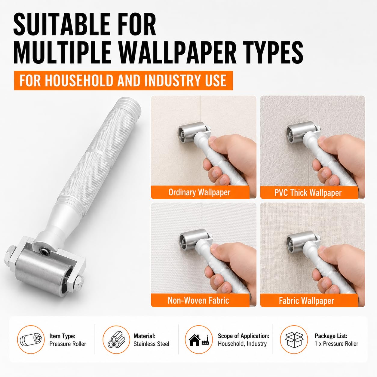 VOBOR Rouleau de Pression Plat Acier Inoxydable 40mm, Outil Marouflage Joint Papier Peint