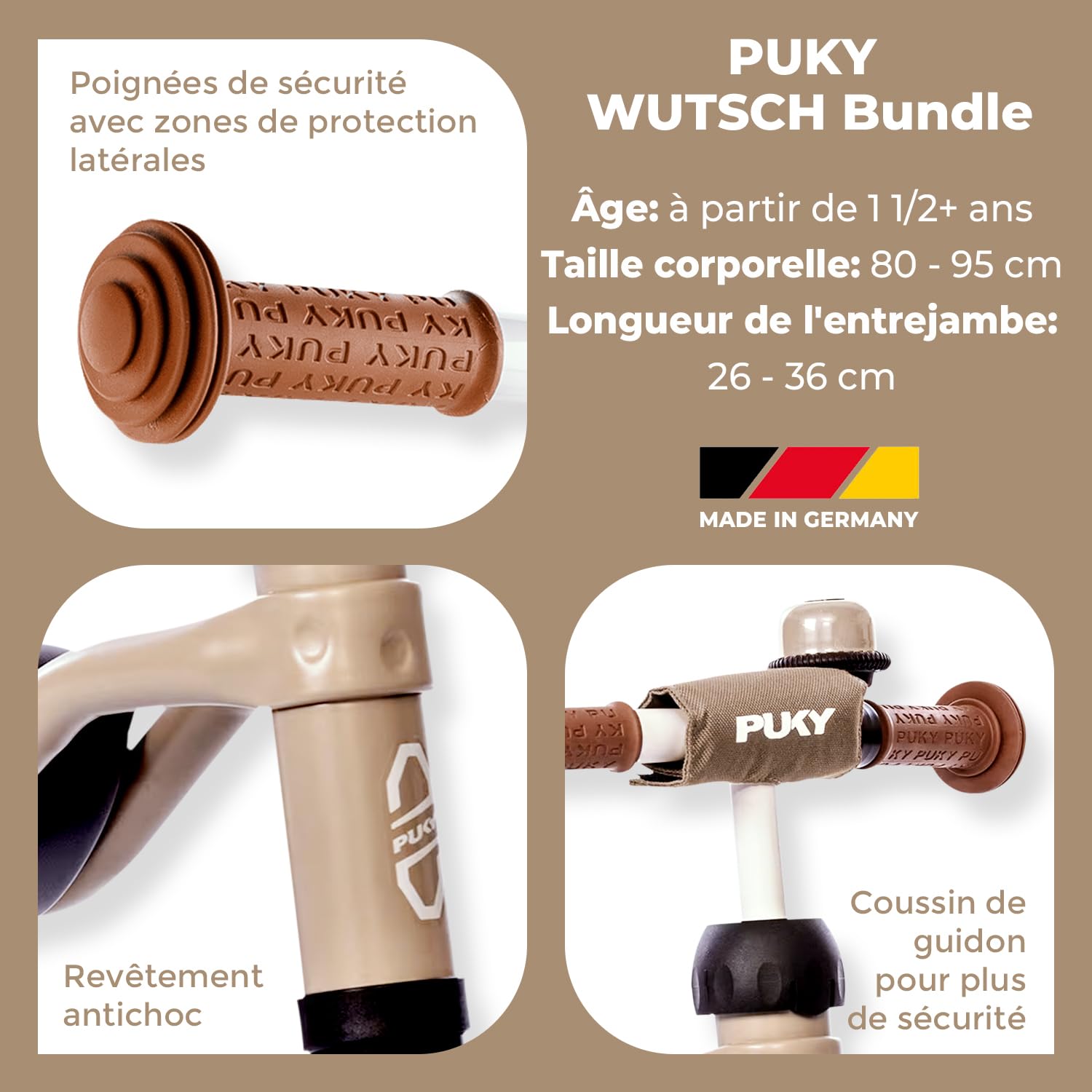 PUKY WUTSCH Bundle Sable Poussiéreux | Draisienne Bebe 1 an | Velo Bebe sans pédales | Draisienne evolutive avec poignées sécurité, siège Ergonomique, Roues silencieuses, Cloche & Panier | Jouet bébé