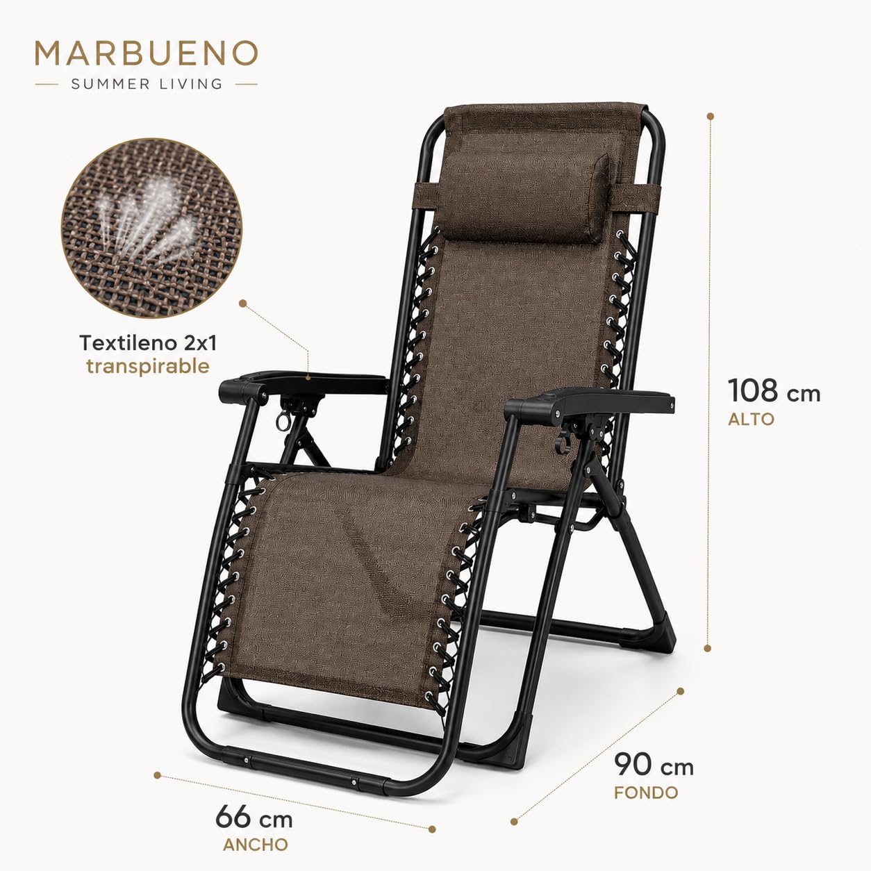 MARBUENO Tumbona Gravedad Cero Plegable Marrón con Reposacabezas, Silla Relax Exterior de Acero y Textileno Transpirable para Jardín, Terraza, Piscina y Camping 10007