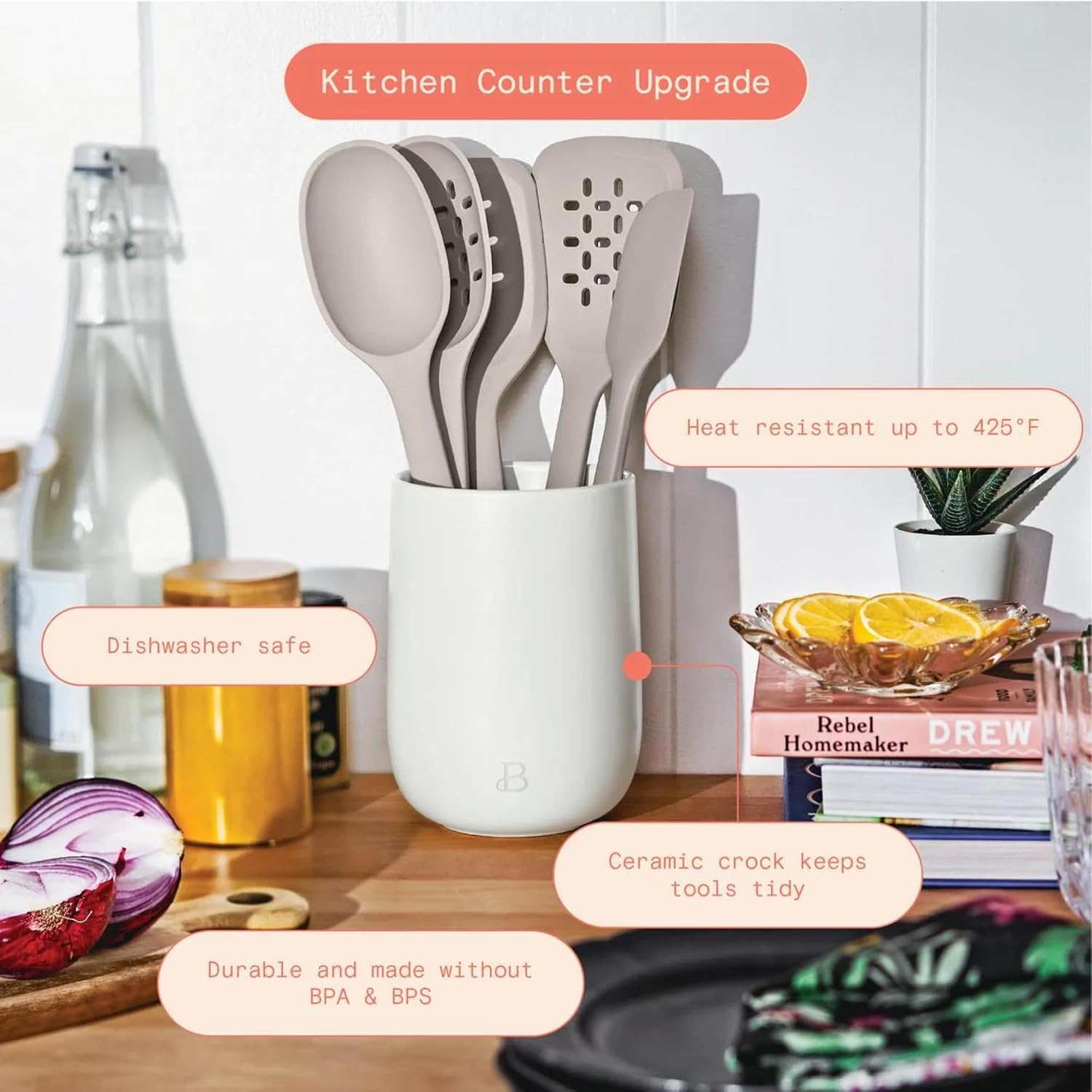 6 Piece Silicone Kitchen Utensil Set with Holder, Heat Resistant Cooking Tools, Nonstick Safe Spatula Spoon Turner Set with Ceramic Storage Crock (Porcini Taupe)