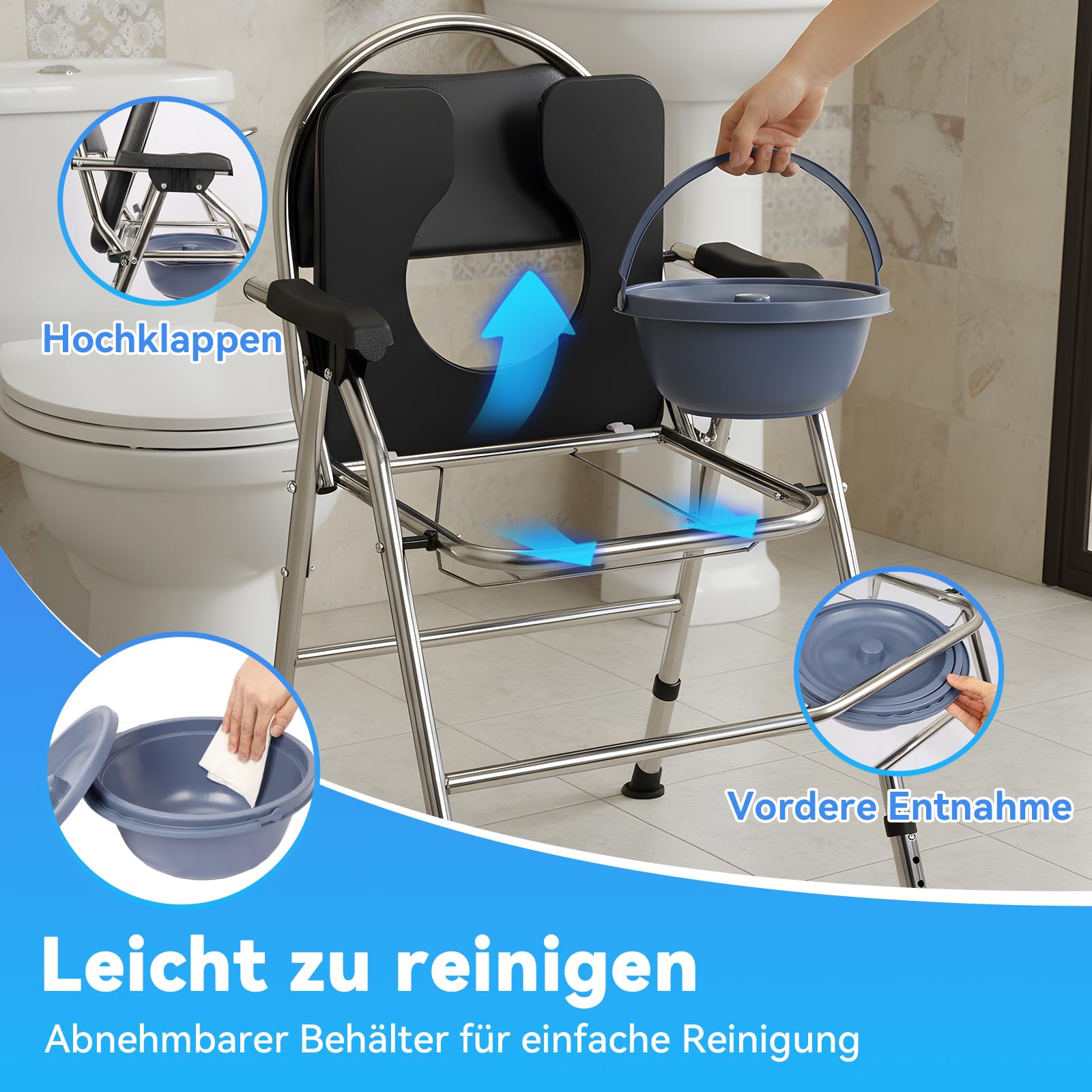 Toilettenstuhl klappbar für Senioren – 2-lagiges dickes Sitzkissen, breiter Edelstahlrahmen, höhenverstellbar, bis 200 kg belastbar, fahrbarer Duschstuhl & Toilette (Schwarz)