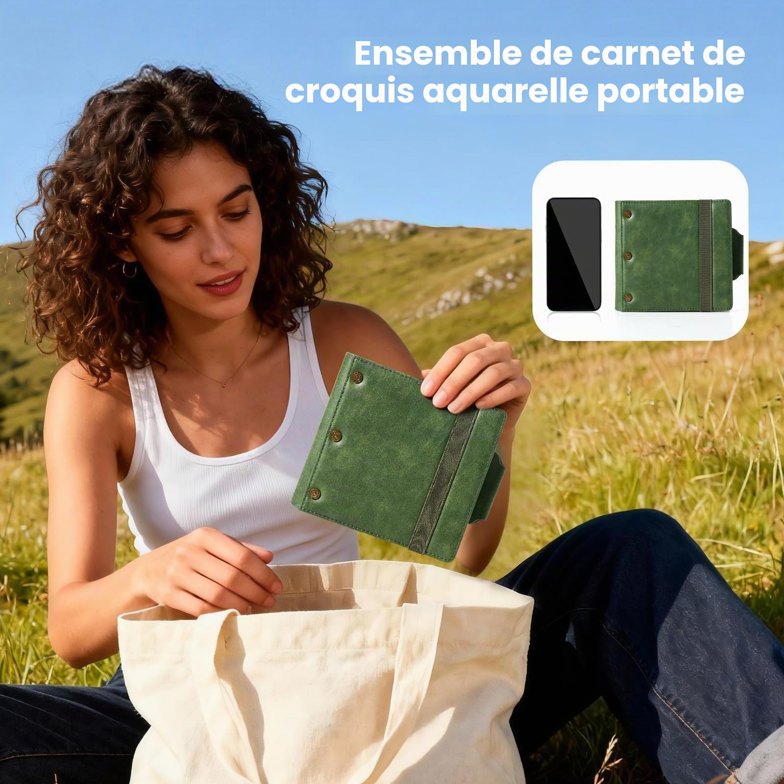 Carnet de Croquis Aquarelle Portable - Coffret de Voyage avec Papier Coton, Palette Céramique 18 Godets & Pinceaux | Journal (13x11 cm) pour Peinture en Extérieur, Plein Air et Artistes Itinérants