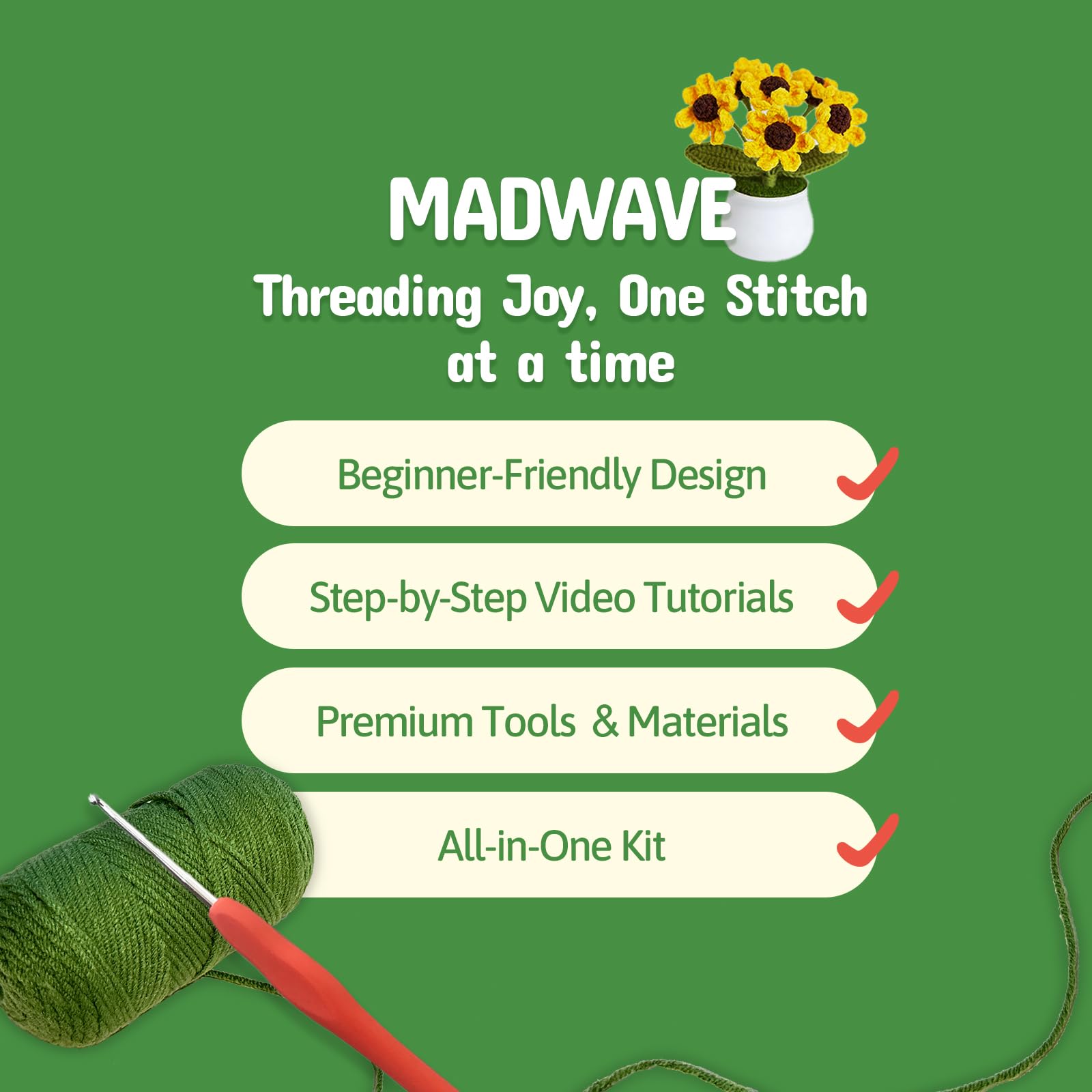Madwave Kit de ganchillo para principiantes para adultos y niños, serie de 4 bonitas margaritas con juego completo de bricolaje, tutoriales en video paso a paso, hilo, gancho y todos los accesorios