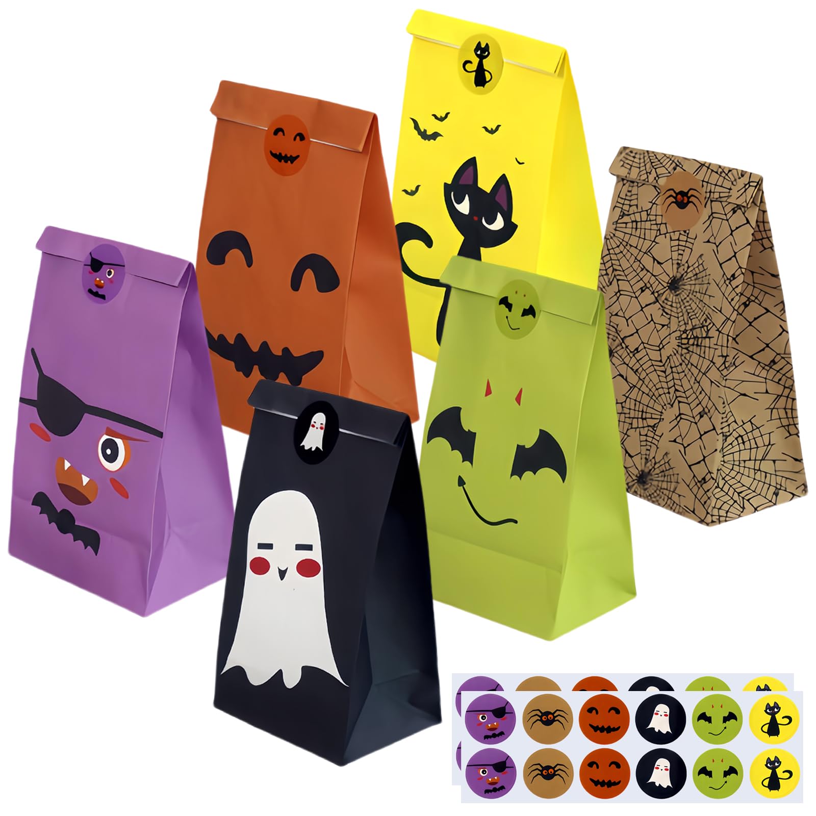 24pc Gift Bags - Halloween Party Favour Bags for Kids, Trick or Treating & Candy Bags with 12 Stickers