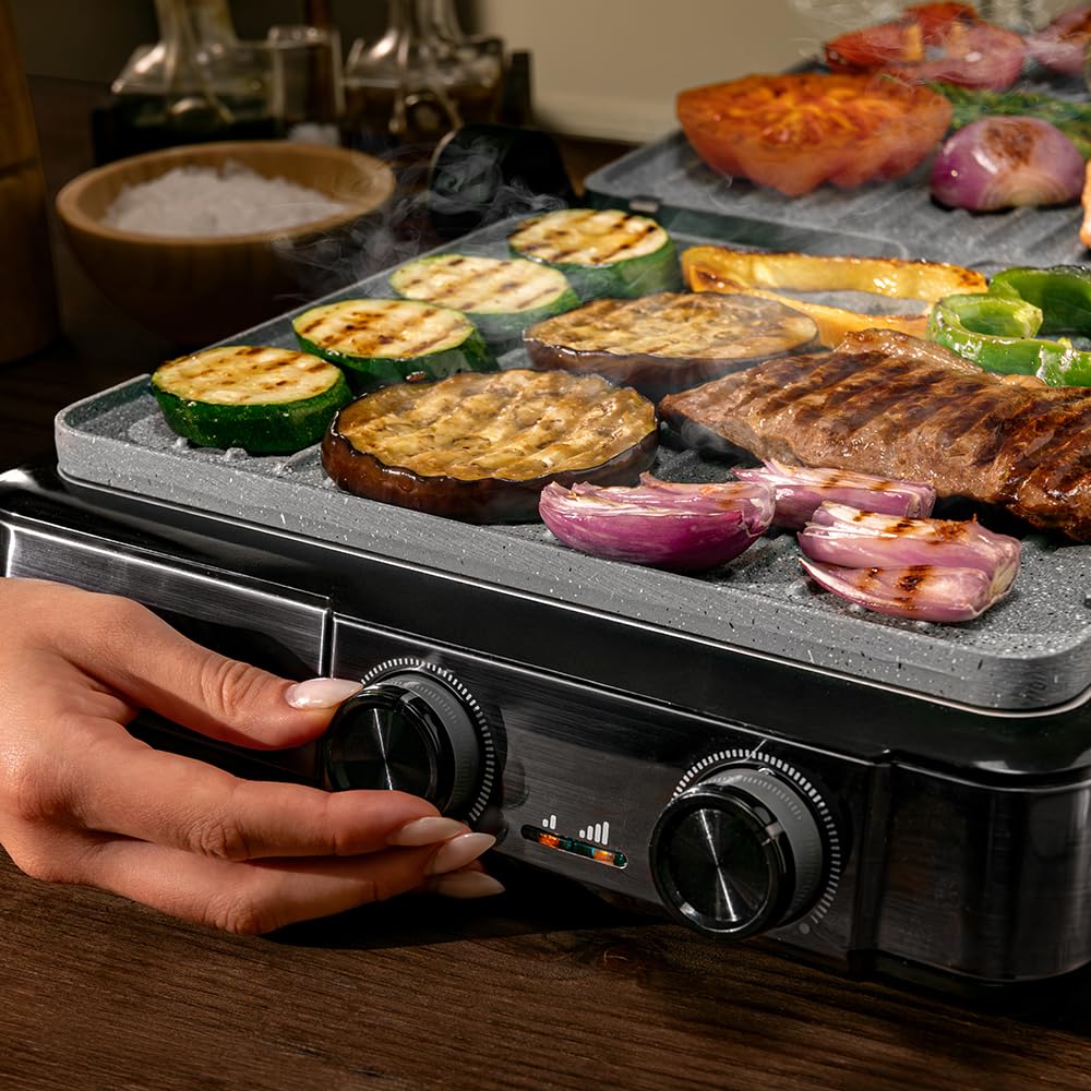 Cecotec Rock'nGrill 2200 Dual Grill elektryczny 2200 W, otwarcie 180°, podwójna temperatura, nieprzywierająca RockStone, odwrócone płyty, zbierające, wskaźnik świetlny, 29 x 23 cm