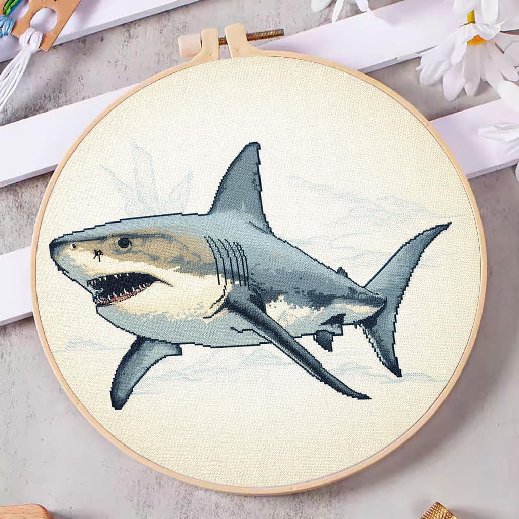 DIY Cross Stitch Kits Shark with Hoop 20x20cm-2