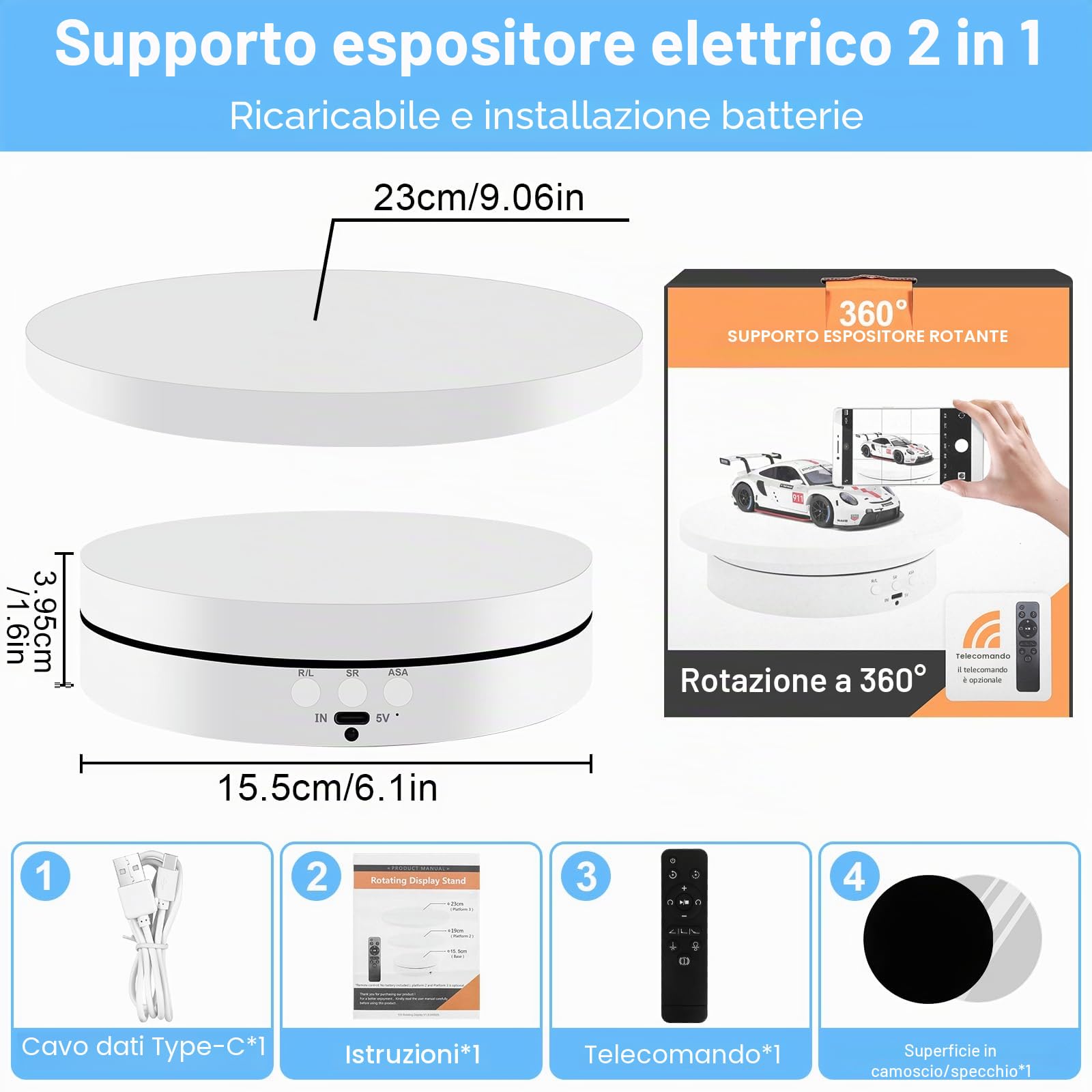 Piattaforma Girevole Elettrica 360°,Piattaforma Rotante Automatica USB per Gioielli,Orologi,Prodotti Digitali,Velocità Regolabile Espositore Girevole Elettrico con 2 Pannelli di Sfondo (Bianco)