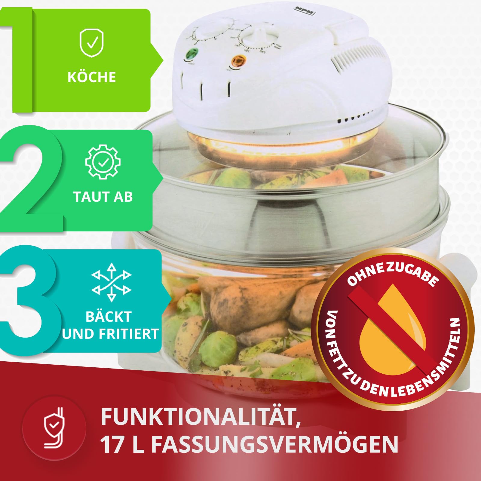 MPM MKO-01 Mini Piekarnik Elektryczny - Multicooker - z Funkcją Samoczyszczenia - Piekarnik Halogenowy - do Gotowania, Rozmrażania, Pieczenia i Opiekania - Pojemność 17l