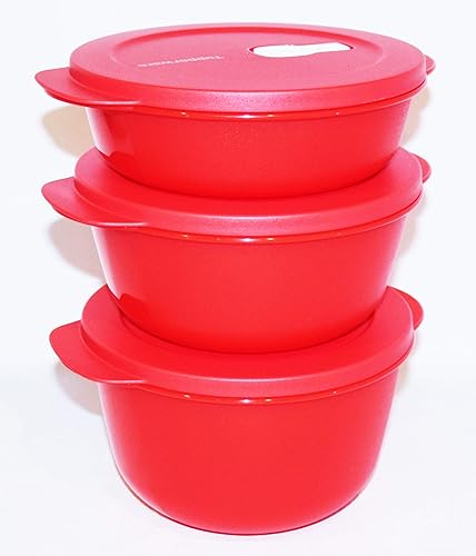 Miniatura 1 de Tupperware Juego de 3 cuencos para microondas Crystalwave de 4.25, 6.25 y 8.5 tazas, color rojo