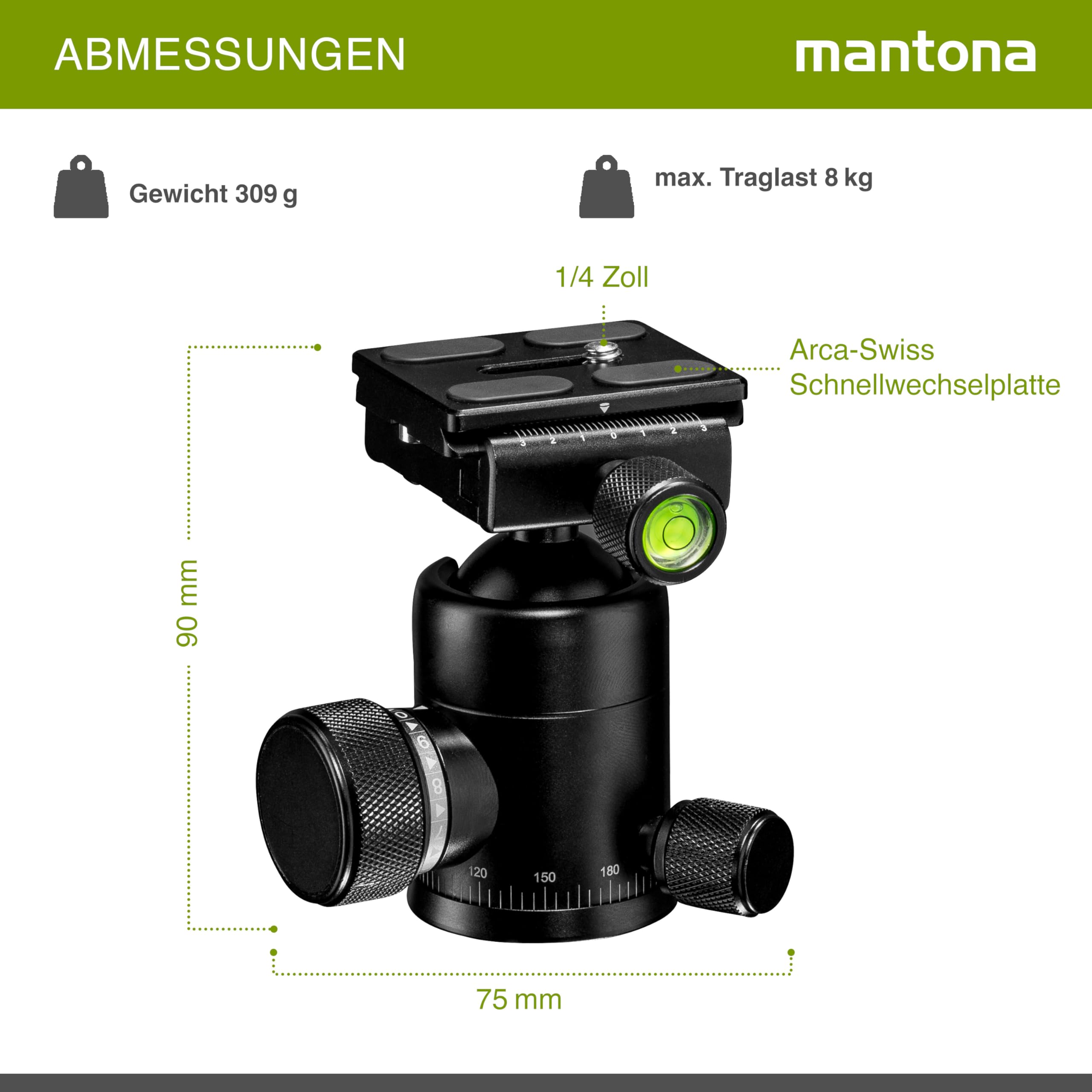 Mantona Onyx 8 Kugelkopf (M1-3008A), Stativkopf aus Aluminium mit Arca-Swiss kompatibler Schnellwechselplatte 50 mm, 360° Panorama-Funktion & 3 Wasserwaagen
