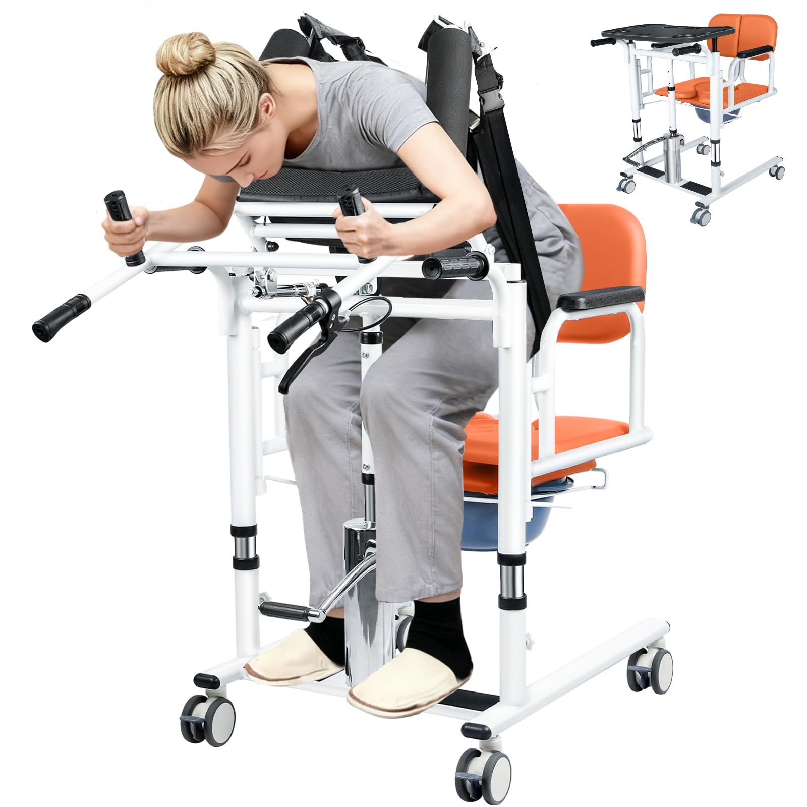 6 in 1 Patient Lift Transfer Chair for Elderly and Home, Portable Adjustable Height Footrest Hydraulic Lift Nursing Wheelchair 180° Split PU Leather and Thickened Sponge Seat, 440lbs, Orange