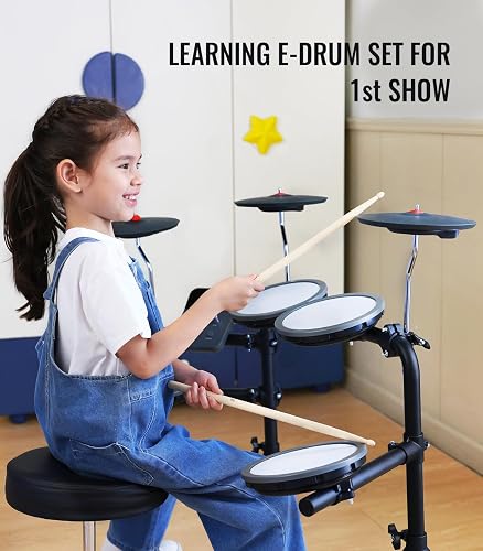 HAMPBACK MK-0 E-Drum Set with 7 Inch Quiet Mesh Drum Pads, 8 Inch Full Rubber Cymbals, 12 Kits and 68 Authentic Sounds, USB MIDI, Drum Stool, Drumsticks, Headphones and 2 Foot Pedals for Beginners and - 5