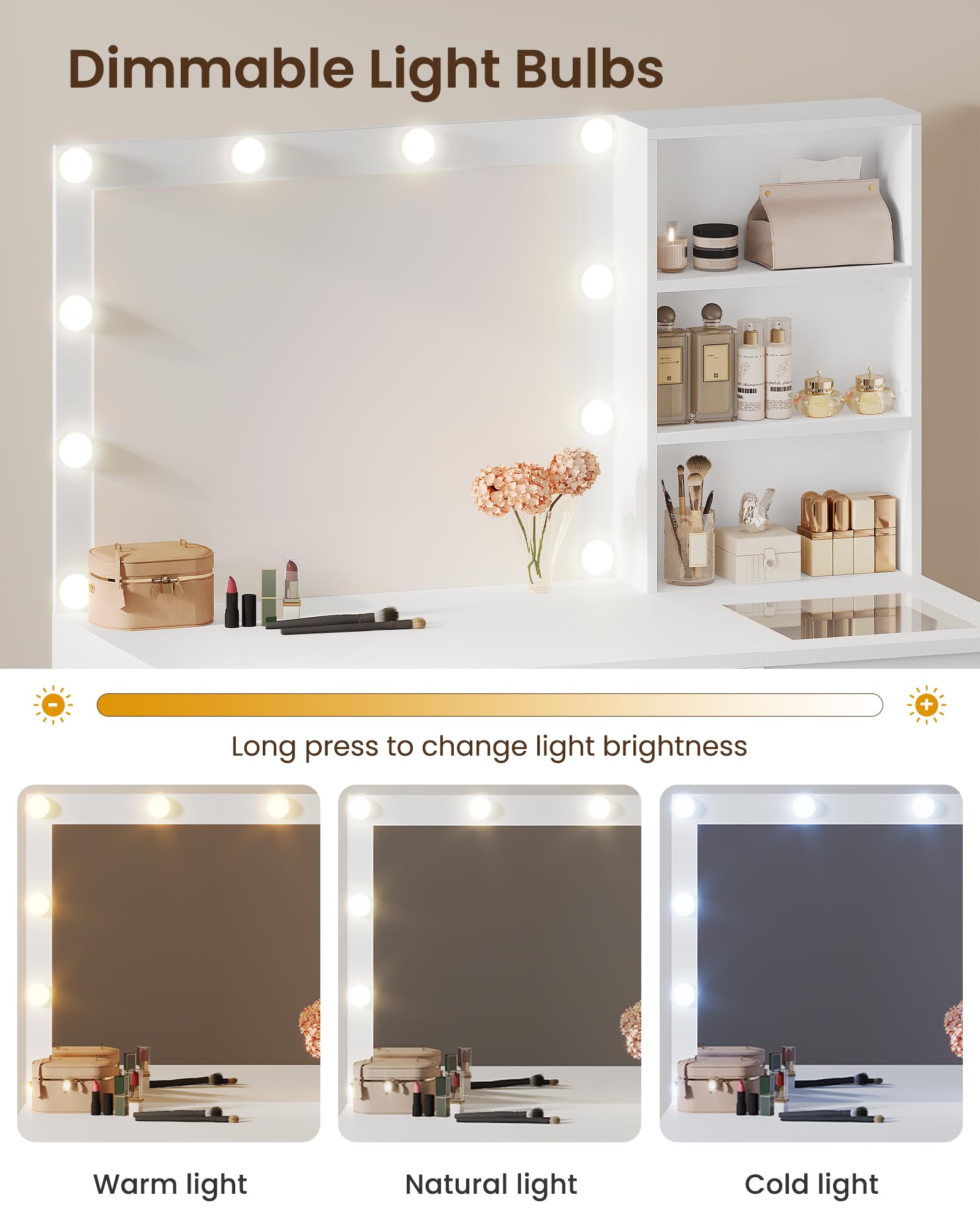 Toeletta, Tavolo da Trucco con Specchio, Luci LED 3 Tonalità, Luminosità Regolabile, Tavolo Cosmetico con Presa Elettrica, Consolle Trucco, 5 Cassetti, 3 Scomparti Aperti, Ripiani Regolabili, Bianco