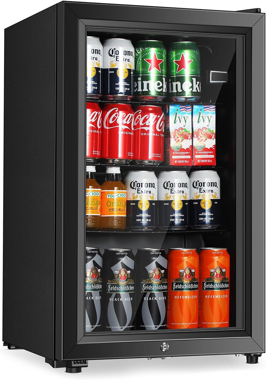 Beverage Refrigerator With 80 Can, Freestanding Beverage Cooler For Office, Bar, Home|Double Glass Door & Adjustable Shelving..