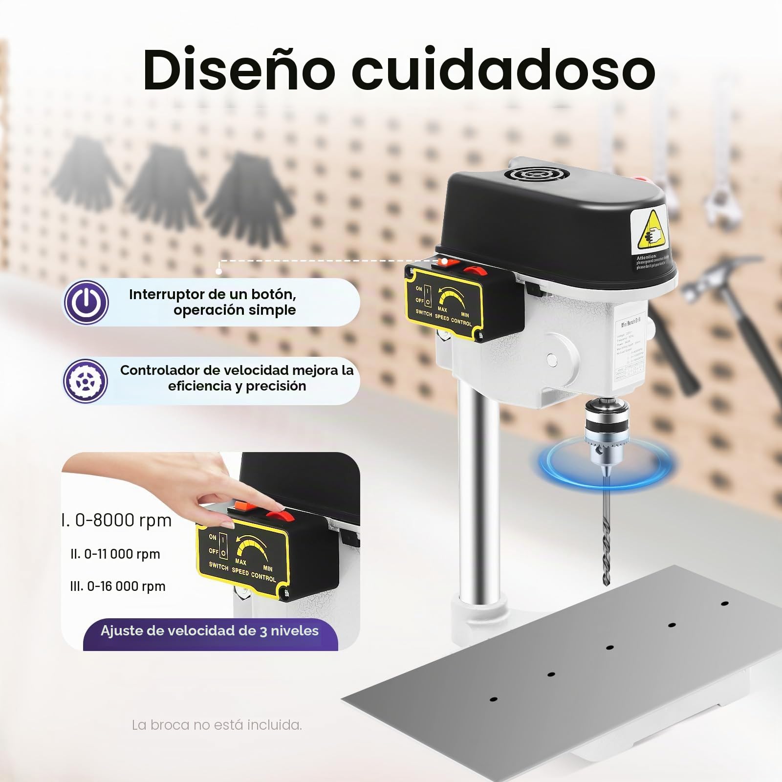 Taladro de Banco Portátil 340 W 3 Velocidades 0-16 000 rpm Profundidad Máxima de Taladrado 25 mm Motor Totalmente de Cobre, Taladro de Mesa para Bricolaje Modelismo Banco de Trabajo