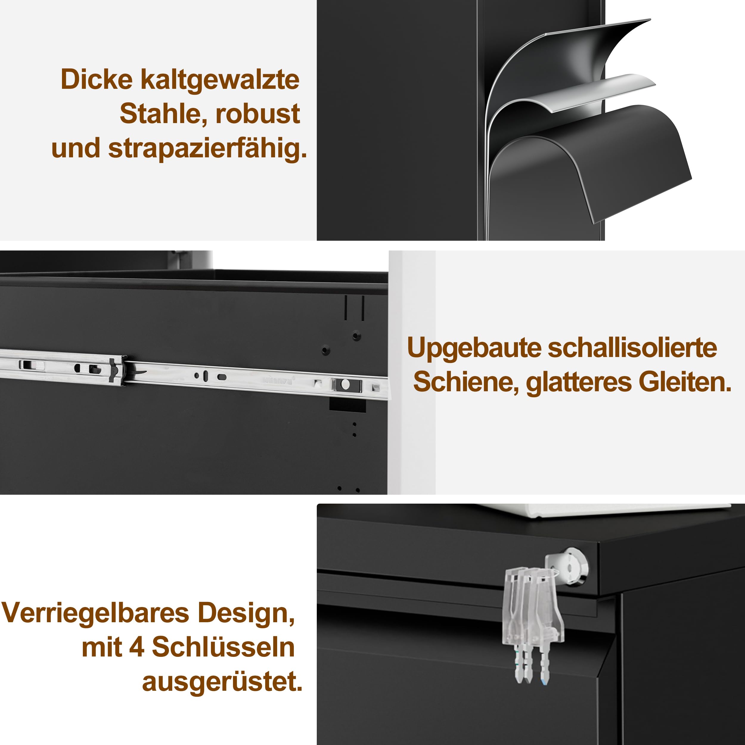 Rollcontainer, Aktenschrank Abschließbar mit 4 Schlüsseln, Aktenschrank unter Schreibtisch, mit 3 Schublade, Vormontiert, Abschließbarer, Büro, Homeoffice, für A4/Legal/Letter
