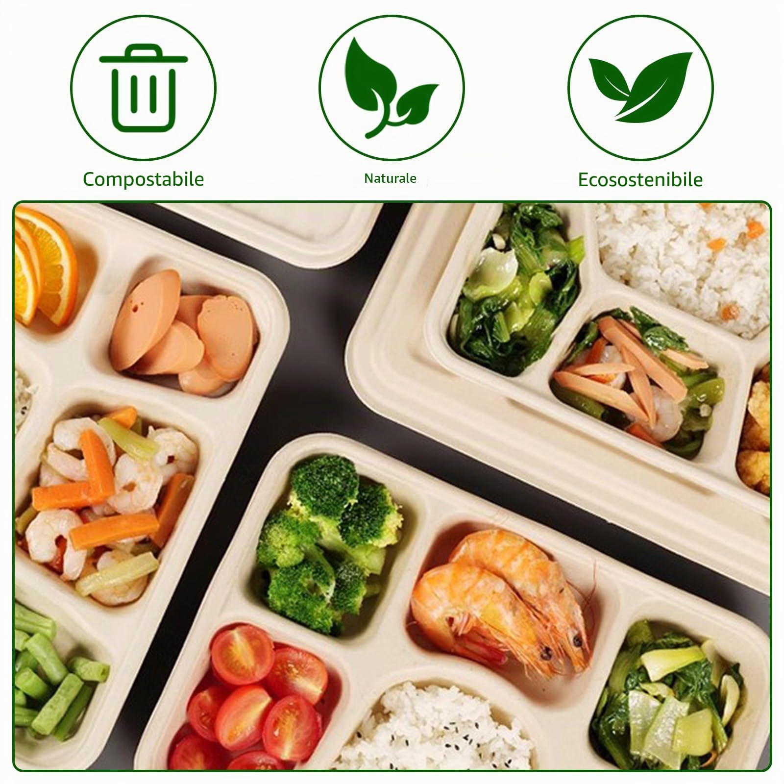 100 Piatti Di Carta Quadrati, 26 Cm, 5 Divisi, Riutilizzabili, Materiale Di Canna Da Zucchero Adatto Per Contenere Diversi Tipi Di Vassoi Alimentari