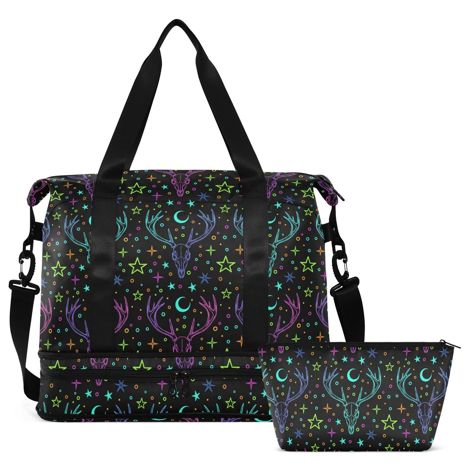 Travel Duffel Tote Rainbow Stars Deer Skulls Withery Sports Bag With Wet Pocket - Weekender Overnight for Women Men Gym, Carry On, Hospital for Labor