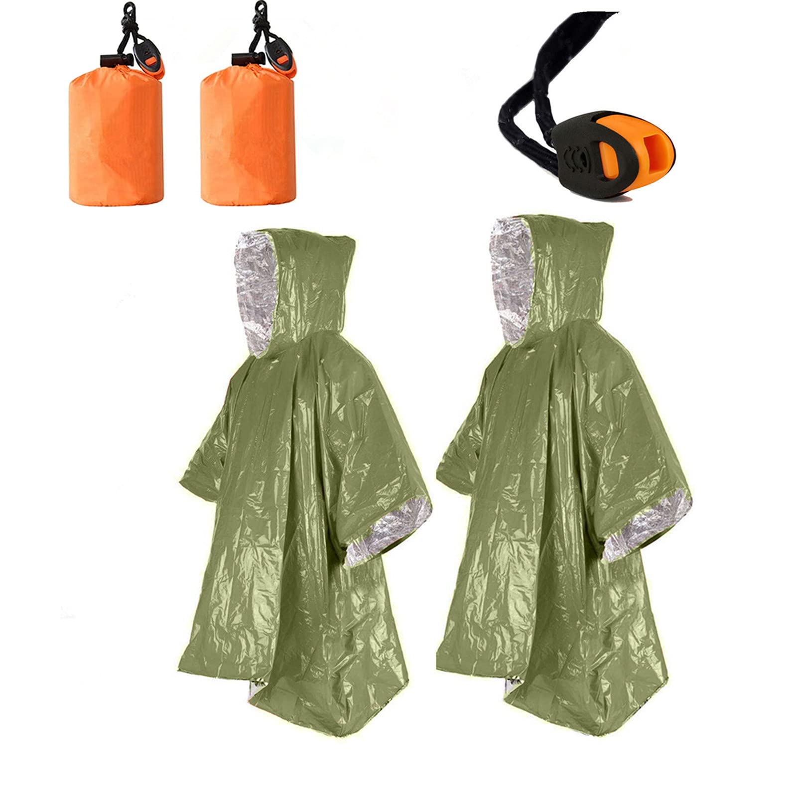 Emergency Blanket Poncho, 2pc Ultralight Waterproof Thermal Survival Space Blanket Ponchos for Camping Hiking Outdoor (Green)