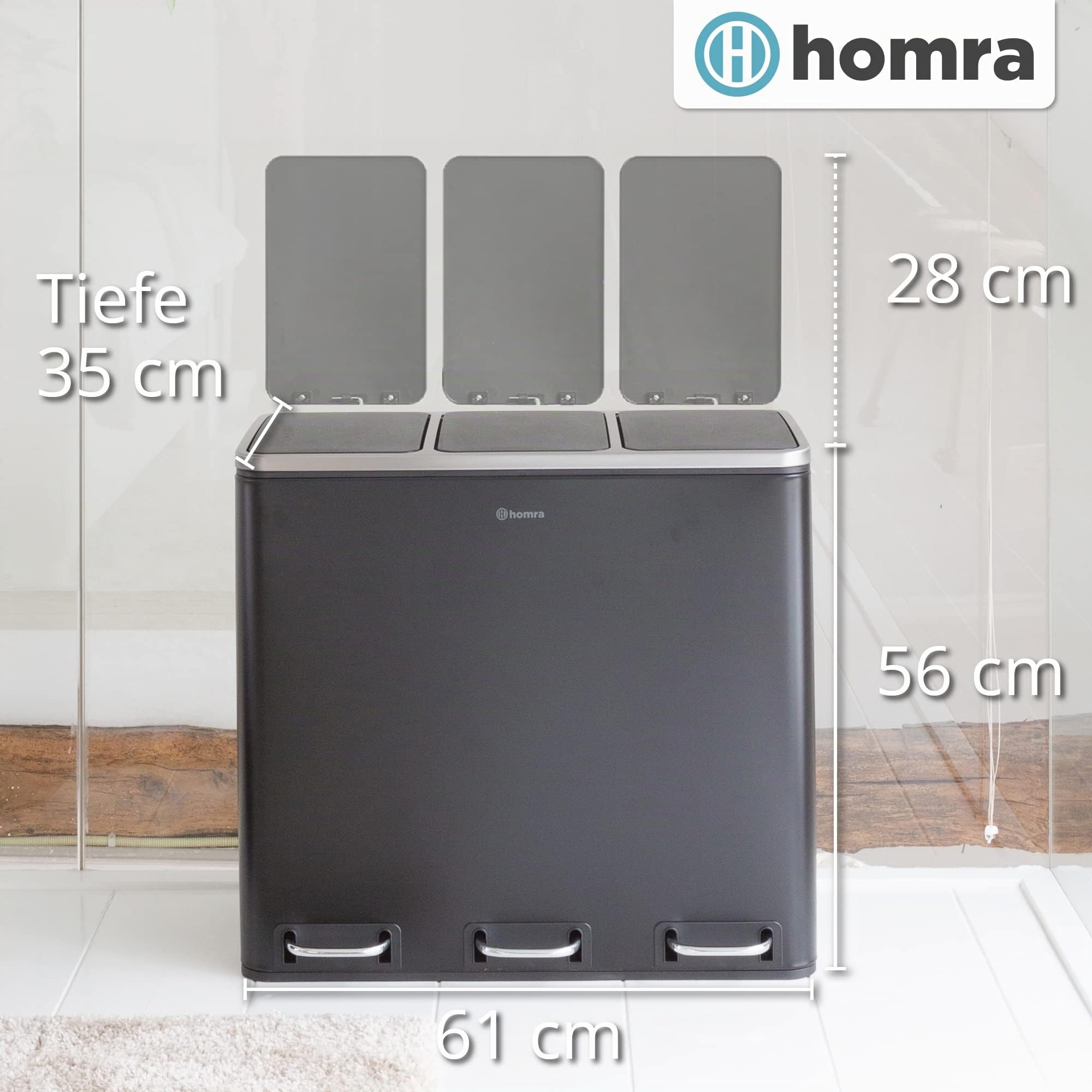 Homra Mülleimer Küche 3 Fächer Sparq 54l | Mülltrennsystem 3Fach | Edelstahl Treteimer 3x18 Liter | Trennsystem 3 Inneneimern | Abfall & Recycling | Abfalleimer Tretmülleimer Softclose | Schwarz