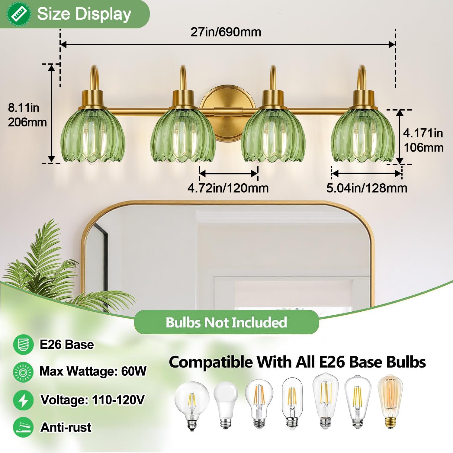4-Light Bathroom Light Fixtures, 27" Brushed Gold Vanity Lights for Bathroom with Ribbed Green Tulip Glass Shade, Vintage Bathroom Vanity Lighting Fixtures Over Mirror for Bedroom Living Room Hallway