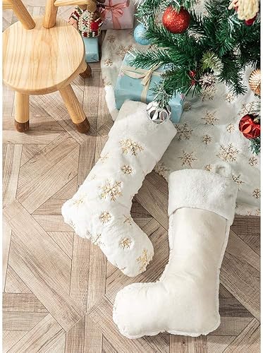 Miniatura 3 de 2 Pack Snowy White Christmas Stockings with Faux Fur, Plush 22 inches Xmas Stocking with Gold Embroidered Snowflake Hanging Ornaments for Home Xmas