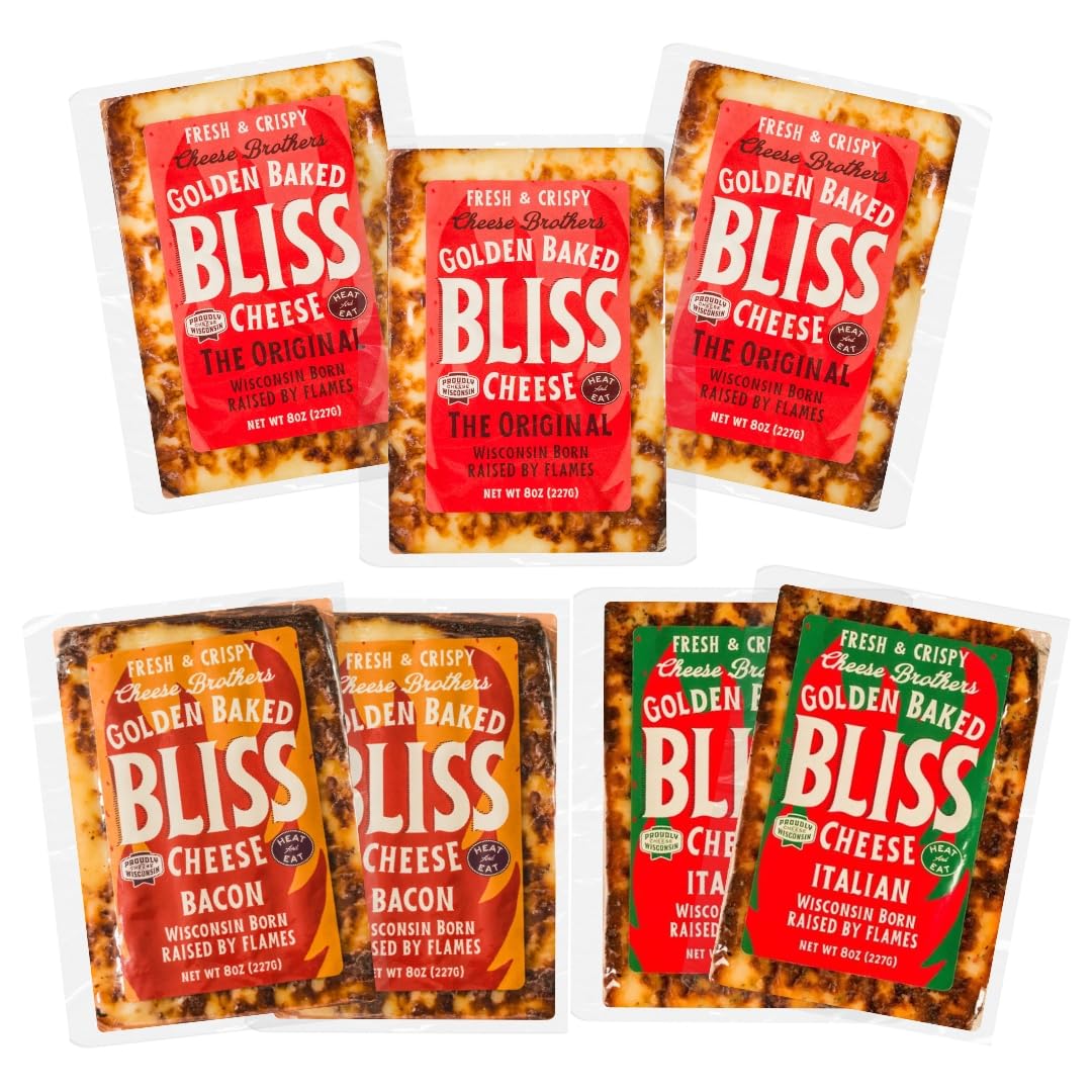 Cheese Bros. Golden Baked Bliss Cheese | Made in Wisconsin | Heat & Eat | Variety Pack with Original, Bacon, Italian | 7 Pack