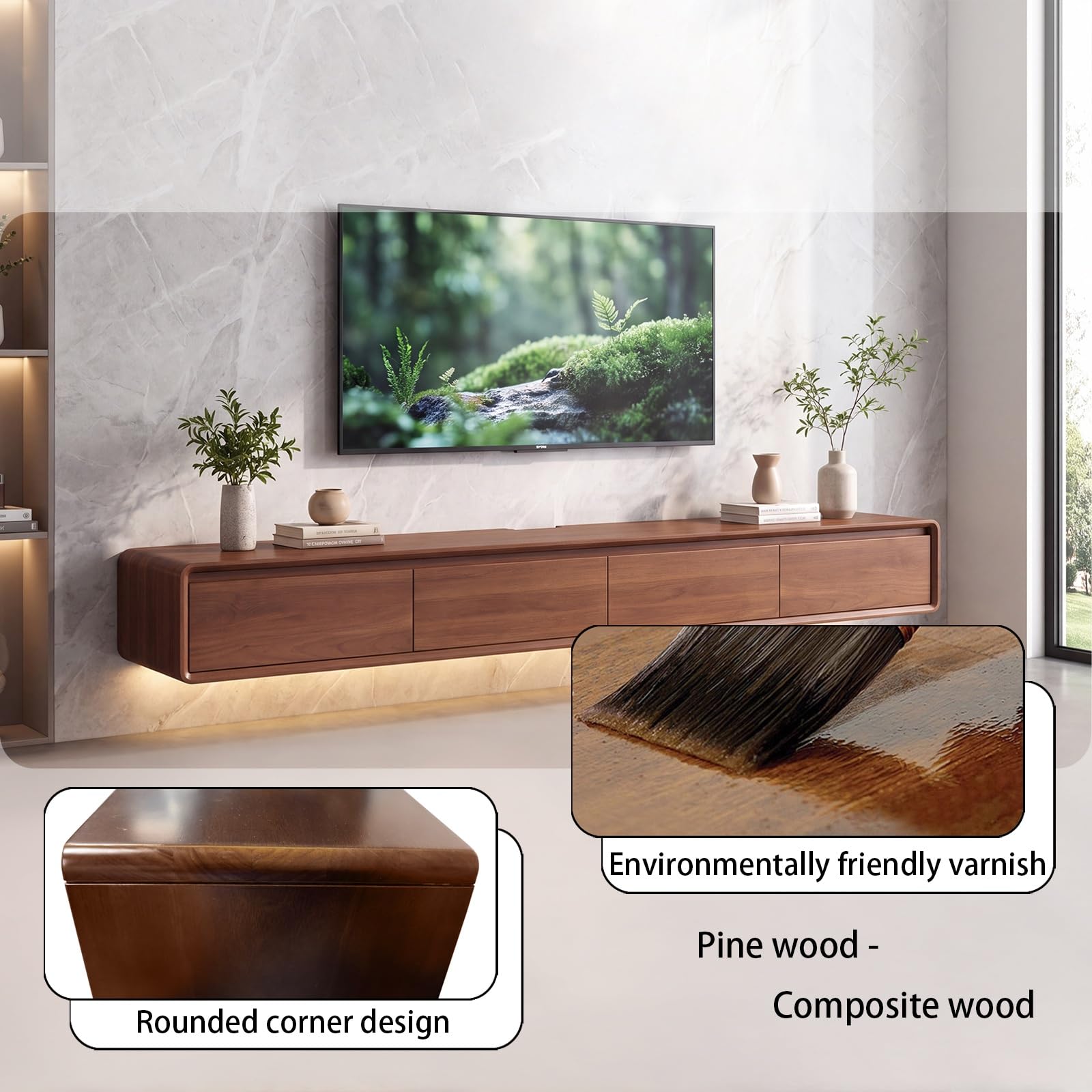 Mueble de TV de Madera Maciza,Mueble de TV Flotante, Mueble Bajo de Pared para TV, Adecuado para el Salón y el Dormitorio,Nogal 200CM-LED