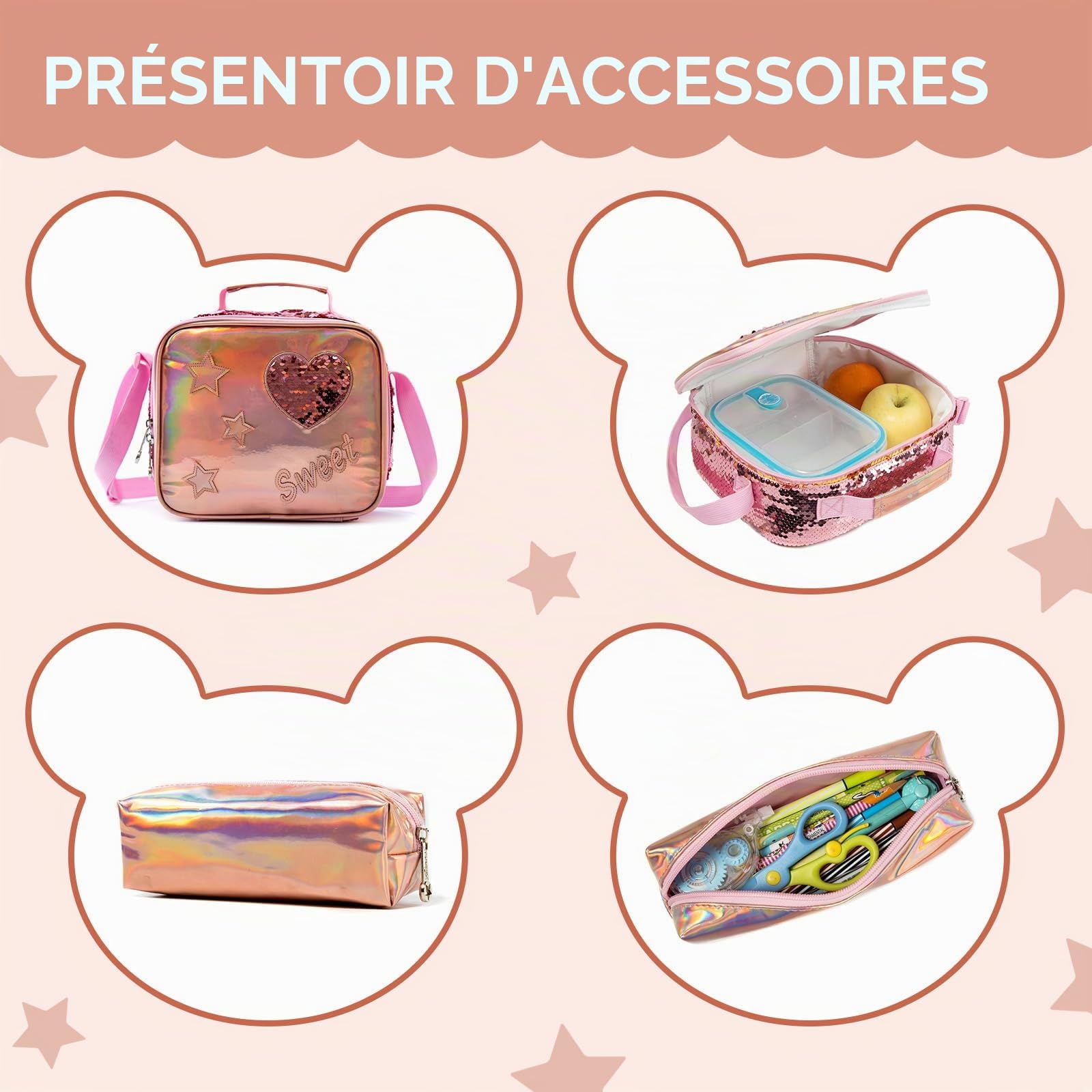 Sac a Dos Grandes Oreilles Enfant Roulette Fille Primaire Valise École Maternelle Sacs à D'école pour Voyage Cabine de Bagages 3PCS Ensemble Grand Cartable Étudiant Simple Perles Champagne