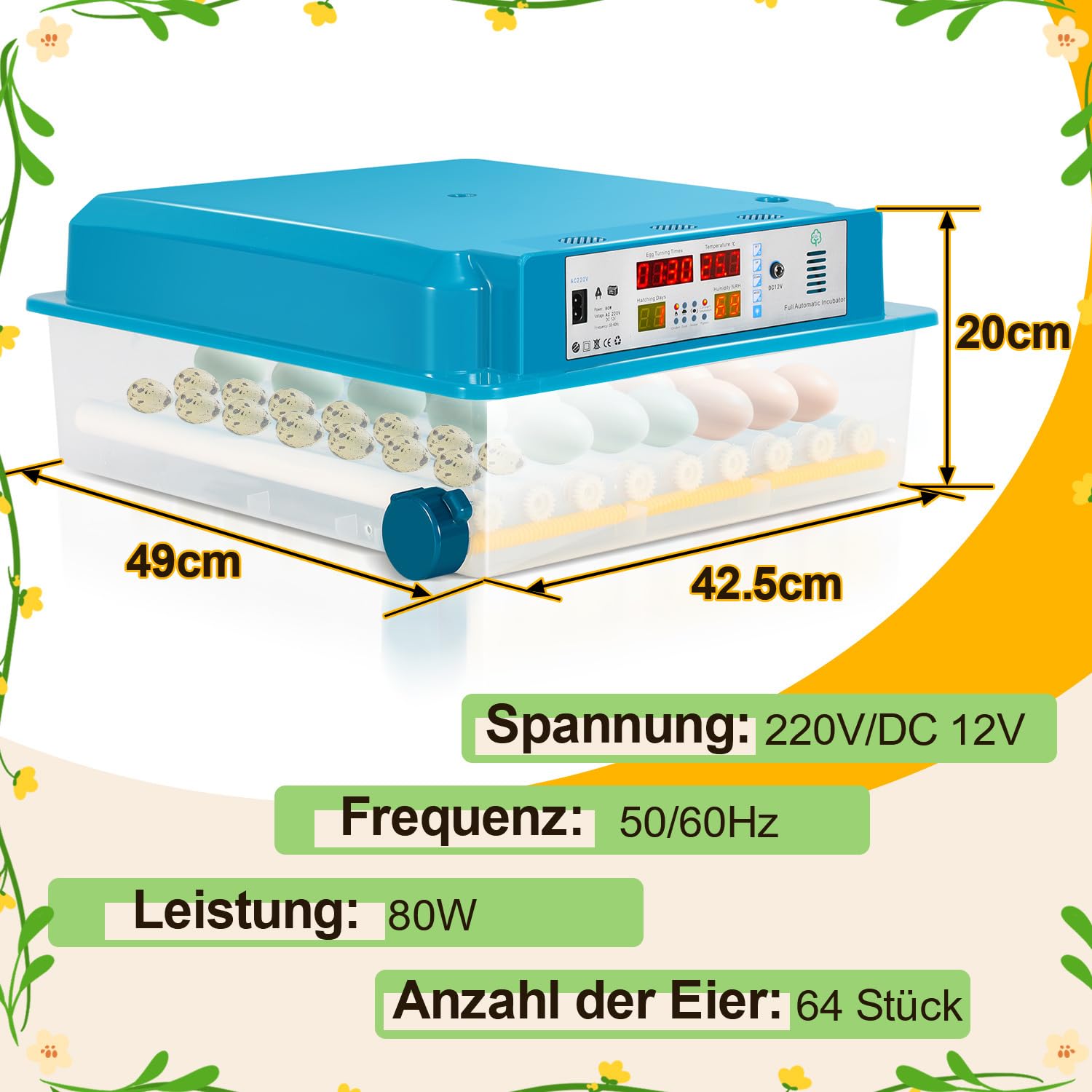 Incubadora totalmente automática, incubadora para 64 huevos de gallina con control de temperatura y humedad, sistema automático de giro de 90 minutos, transluminancia LED y funcionamiento con